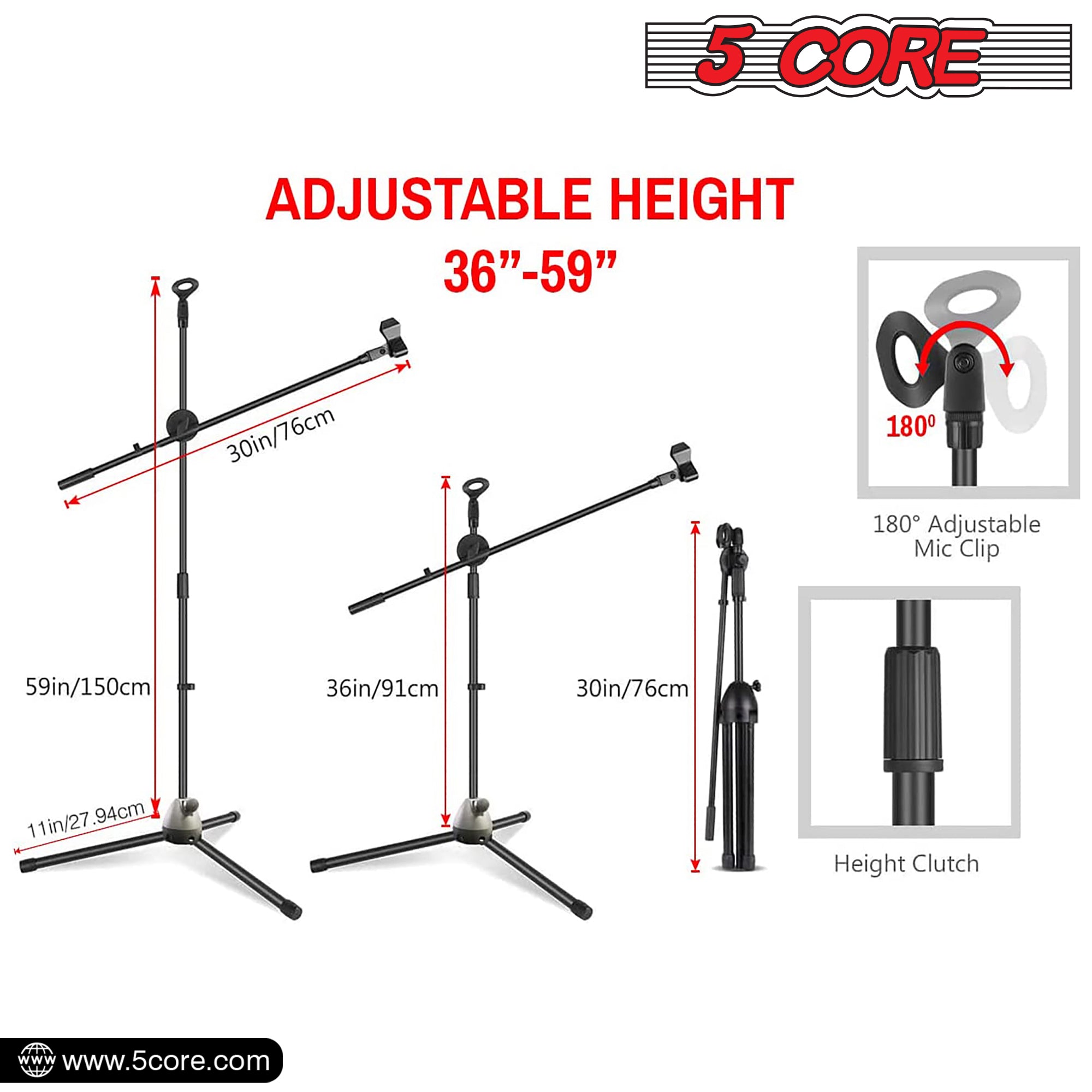 5 Core Tripod Mic Stand with adjustable height and angle, featuring a durable steel construction and universal mic compatibility.