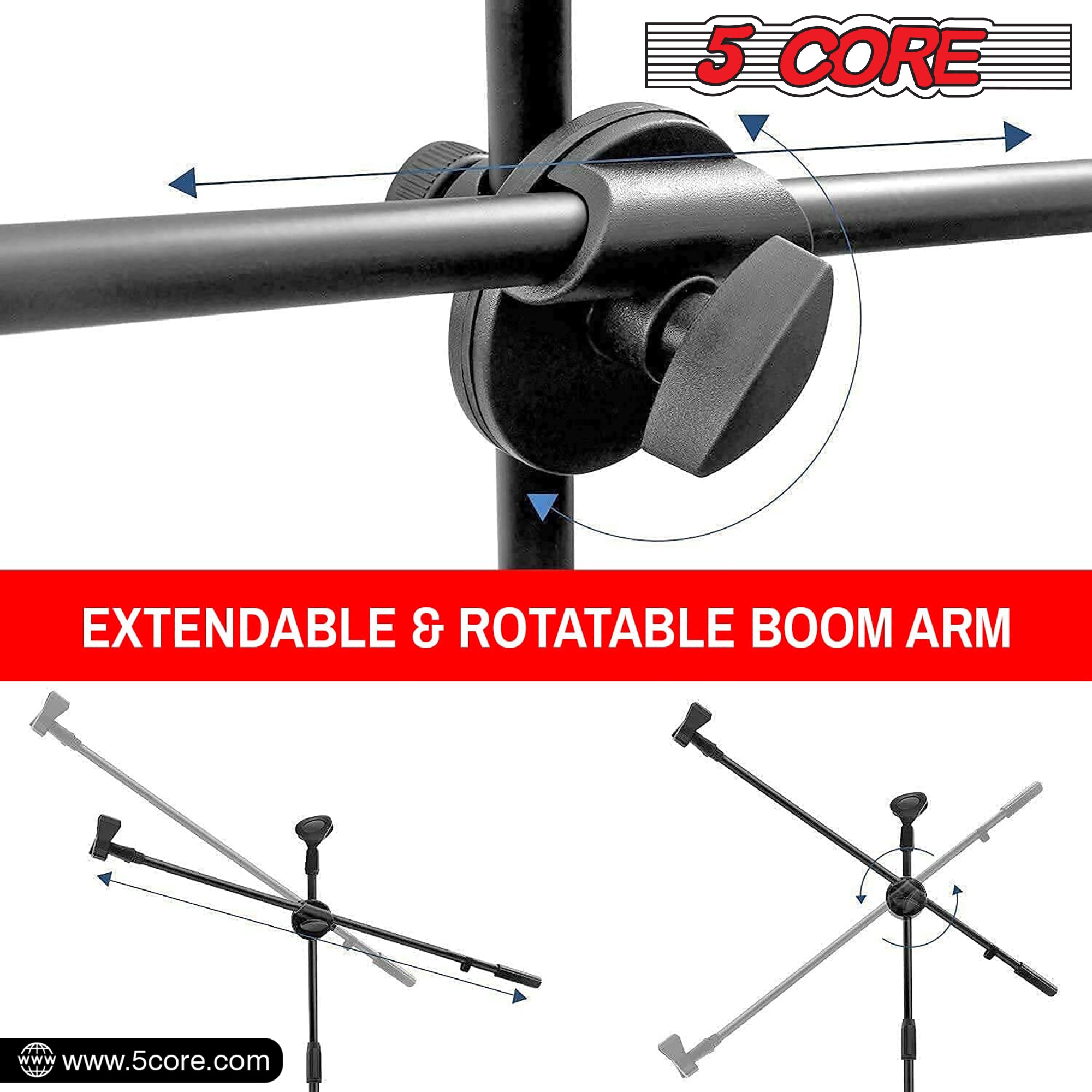 5 Core Tripod Mic Stand with adjustable height and angle, featuring a durable steel construction and universal mic compatibility.