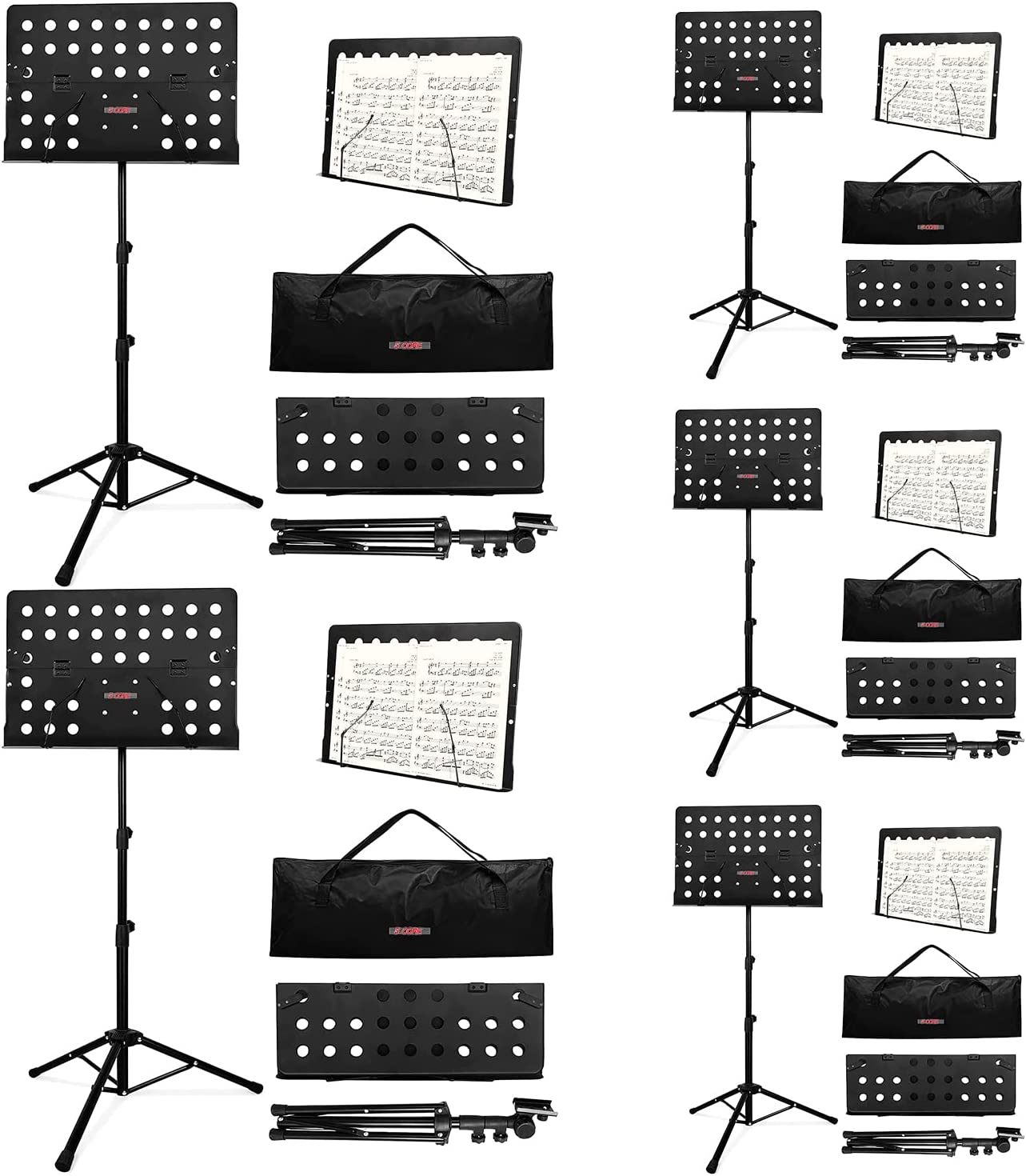 Five lightweight and portable music stands for sheet music, featuring adjustable height and collapsible design, ideal for musicians.