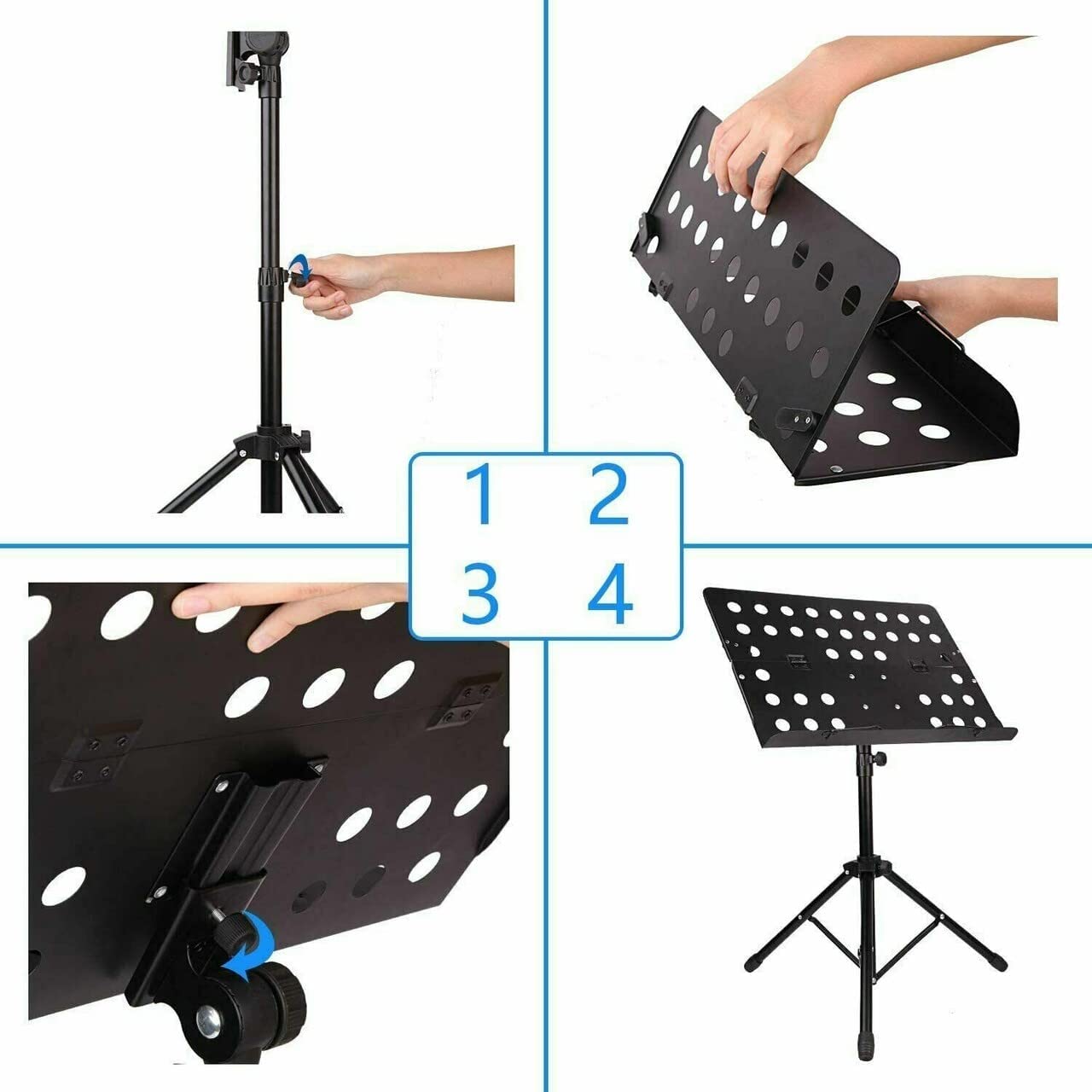 Five lightweight and portable music stands for sheet music, featuring adjustable height and collapsible design, ideal for musicians.