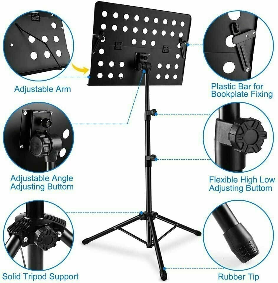 Five lightweight and portable music stands for sheet music, featuring adjustable height and collapsible design, ideal for musicians.