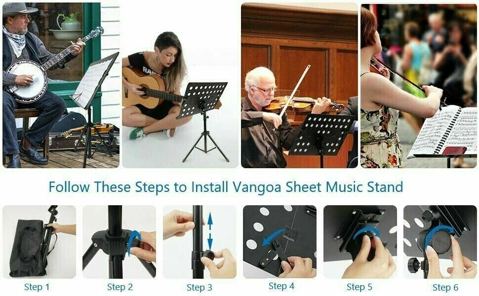 Five lightweight and portable music stands for sheet music, featuring adjustable height and collapsible design, ideal for musicians.