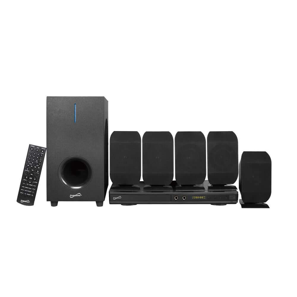 5.1 Channel DVD Home Theater System with remote control and AV cables, showcasing its sleek design and connectivity options.