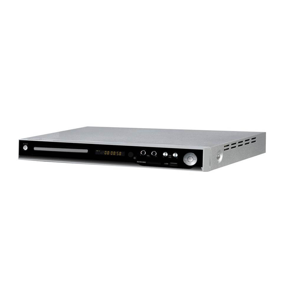 5.1 Channel DVD Player with HDMI output and USB compatibility, featuring a sleek design and remote control.