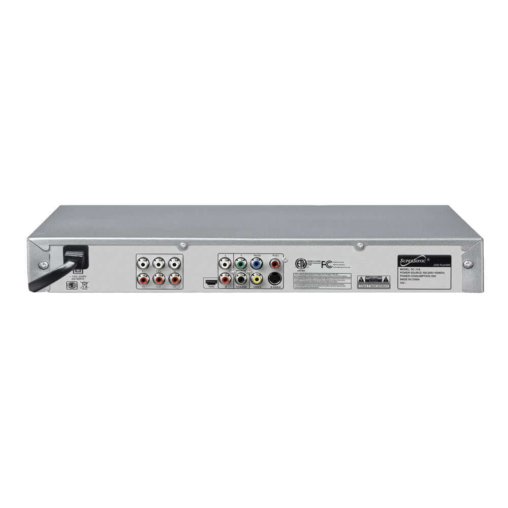 5.1 Channel DVD Player with HDMI output and USB compatibility, featuring a sleek design and remote control.