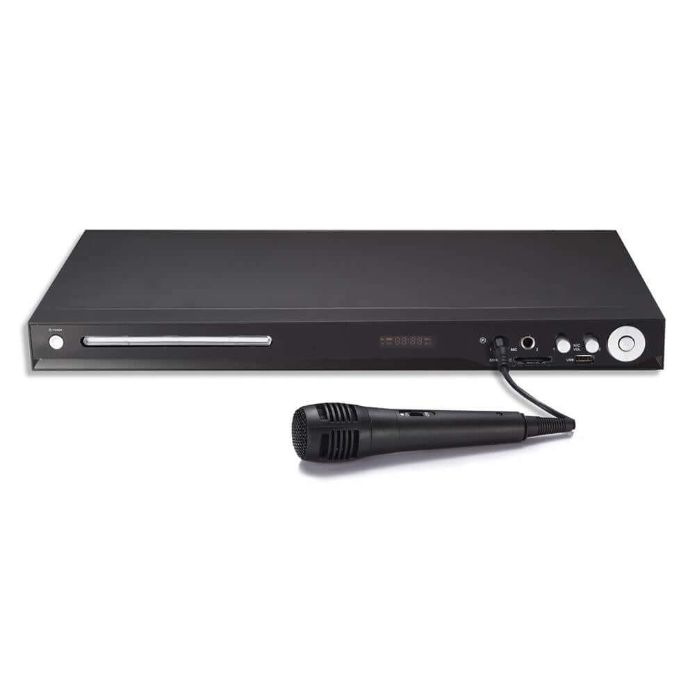 5.1 Channel DVD Player with HDMI output and USB compatibility, featuring a sleek design and remote control.