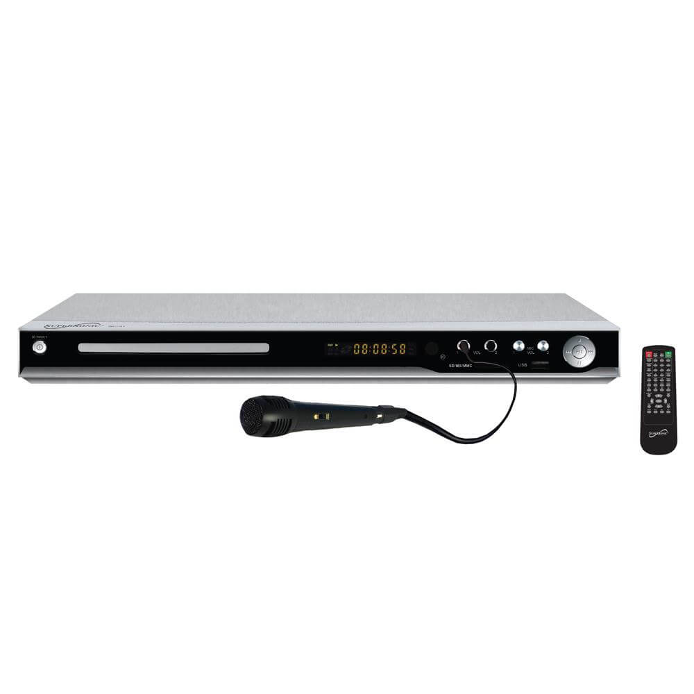 5.1 Channel DVD Player with HDMI output and USB compatibility, featuring a sleek design and remote control.