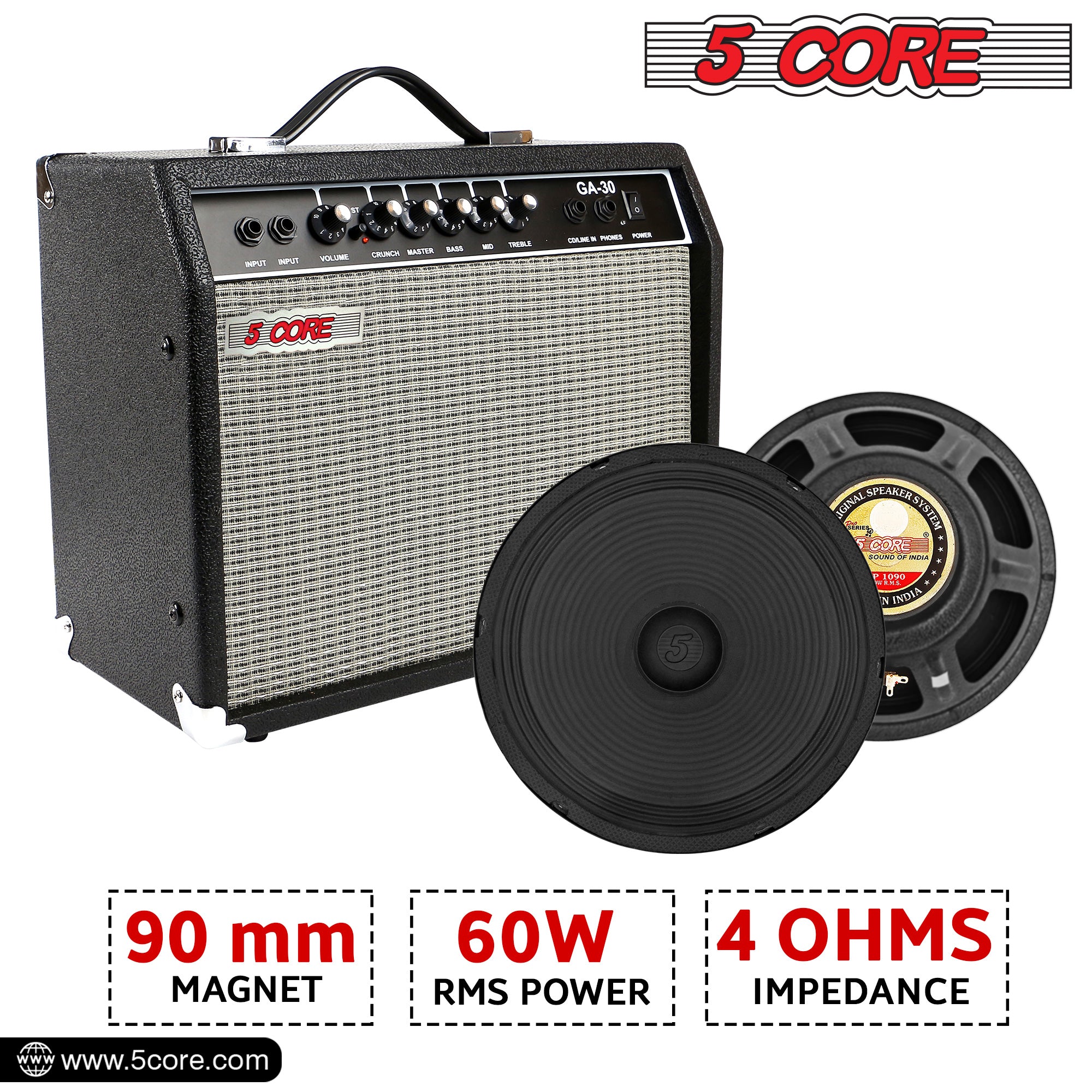 5Core 10 inch Guitar Speaker with 60W RMS and 13Oz magnet, designed for rich sound quality and durability.