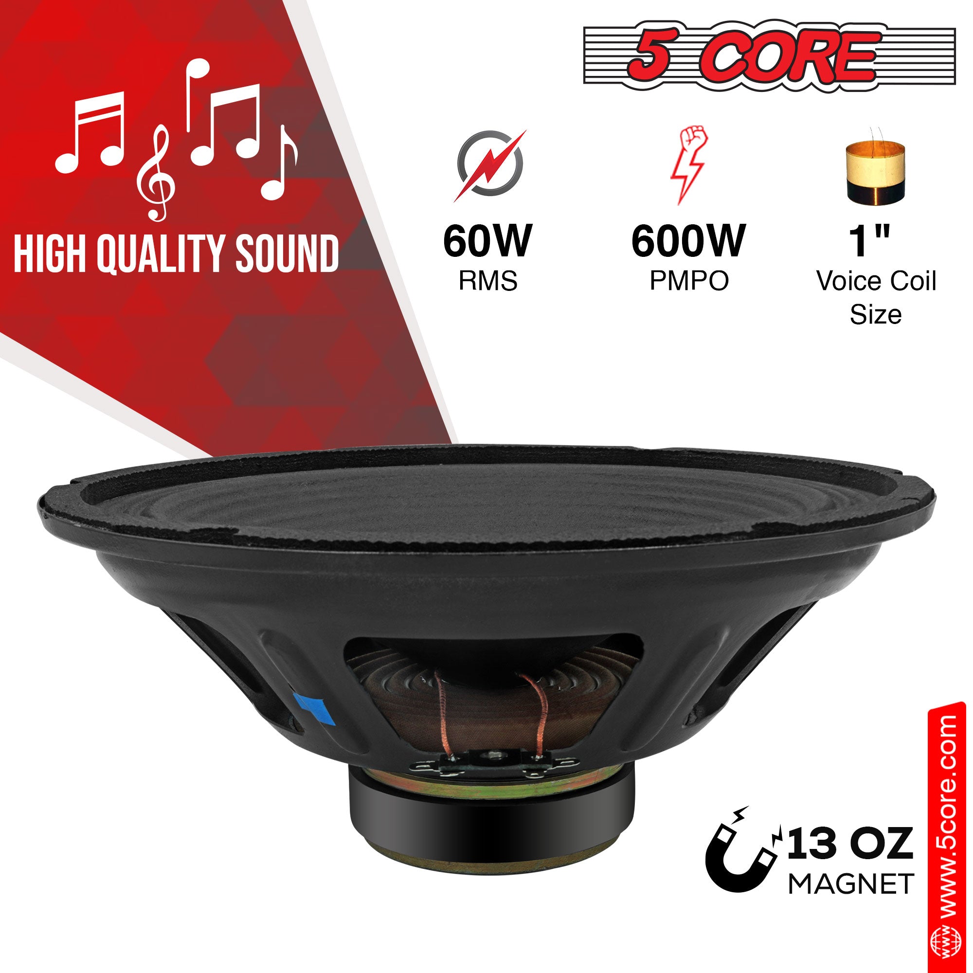 5Core 10 inch Guitar Speaker with 60W RMS and 13Oz magnet, designed for rich sound quality and durability.