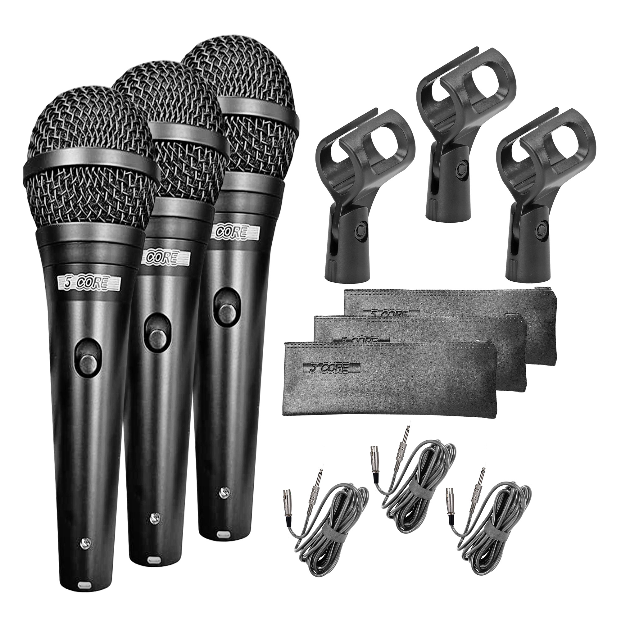 5Core 3 Pack Dynamic Microphone featuring a unidirectional cardioid design, ideal for live performances and studio recordings.