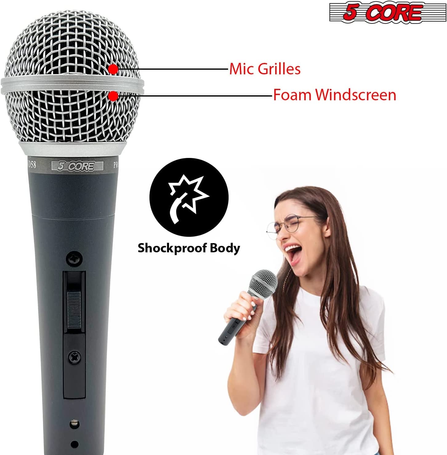 5Core 3 Pack Dynamic Microphone featuring a unidirectional cardioid design, ideal for live performances and studio recordings.