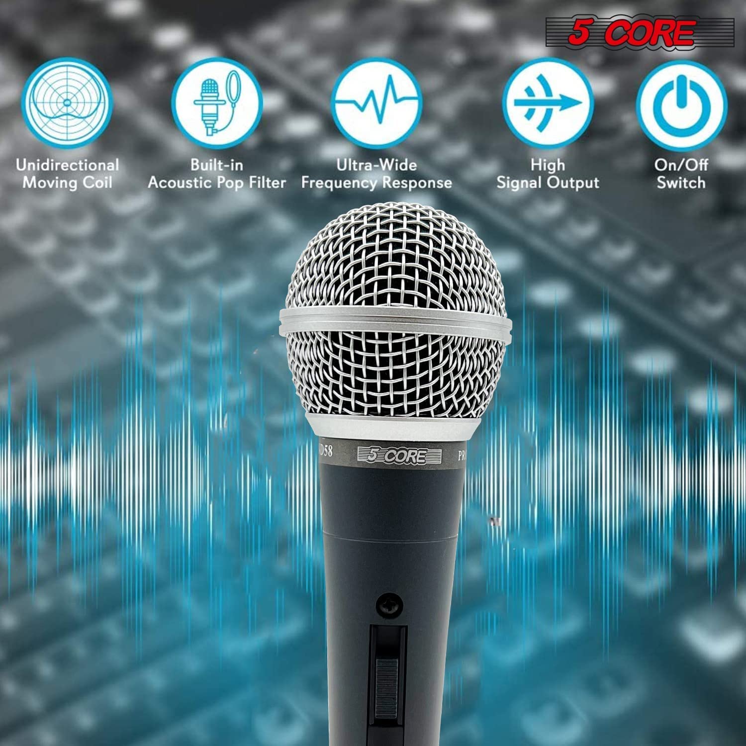 5Core 3 Pack Dynamic Microphone featuring a unidirectional cardioid design, ideal for live performances and studio recordings.