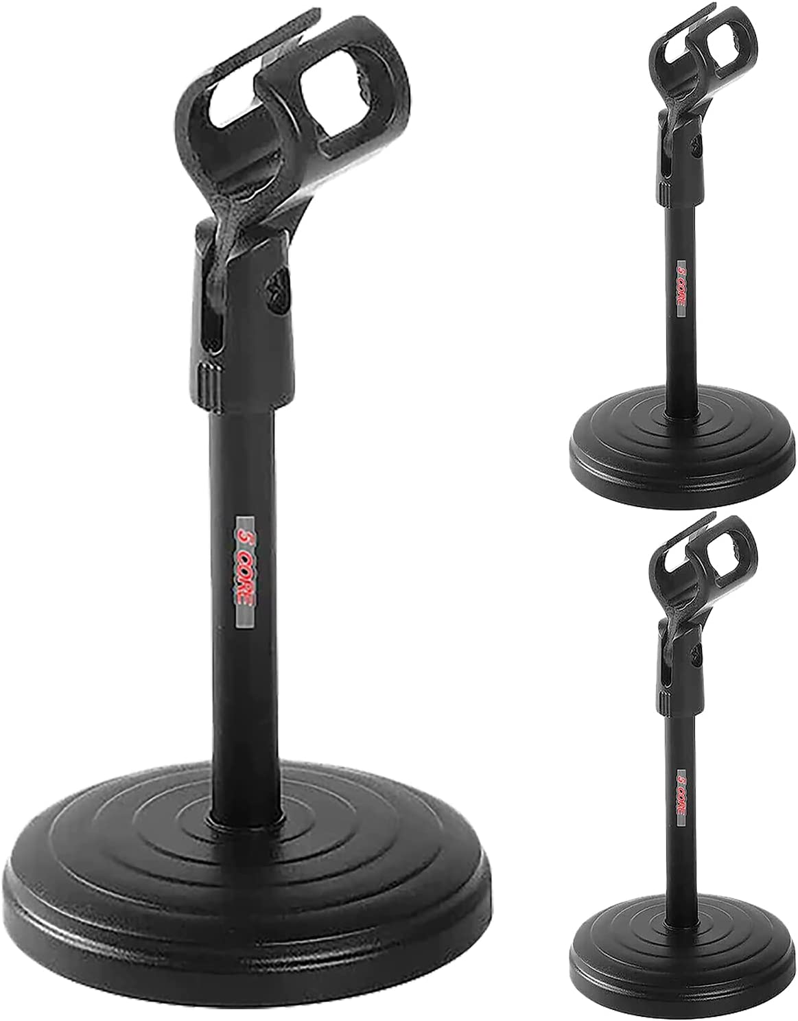 5Core Premium Desktop Microphone Stand with a mini round base, featuring a durable iron construction and adjustable mic clip.