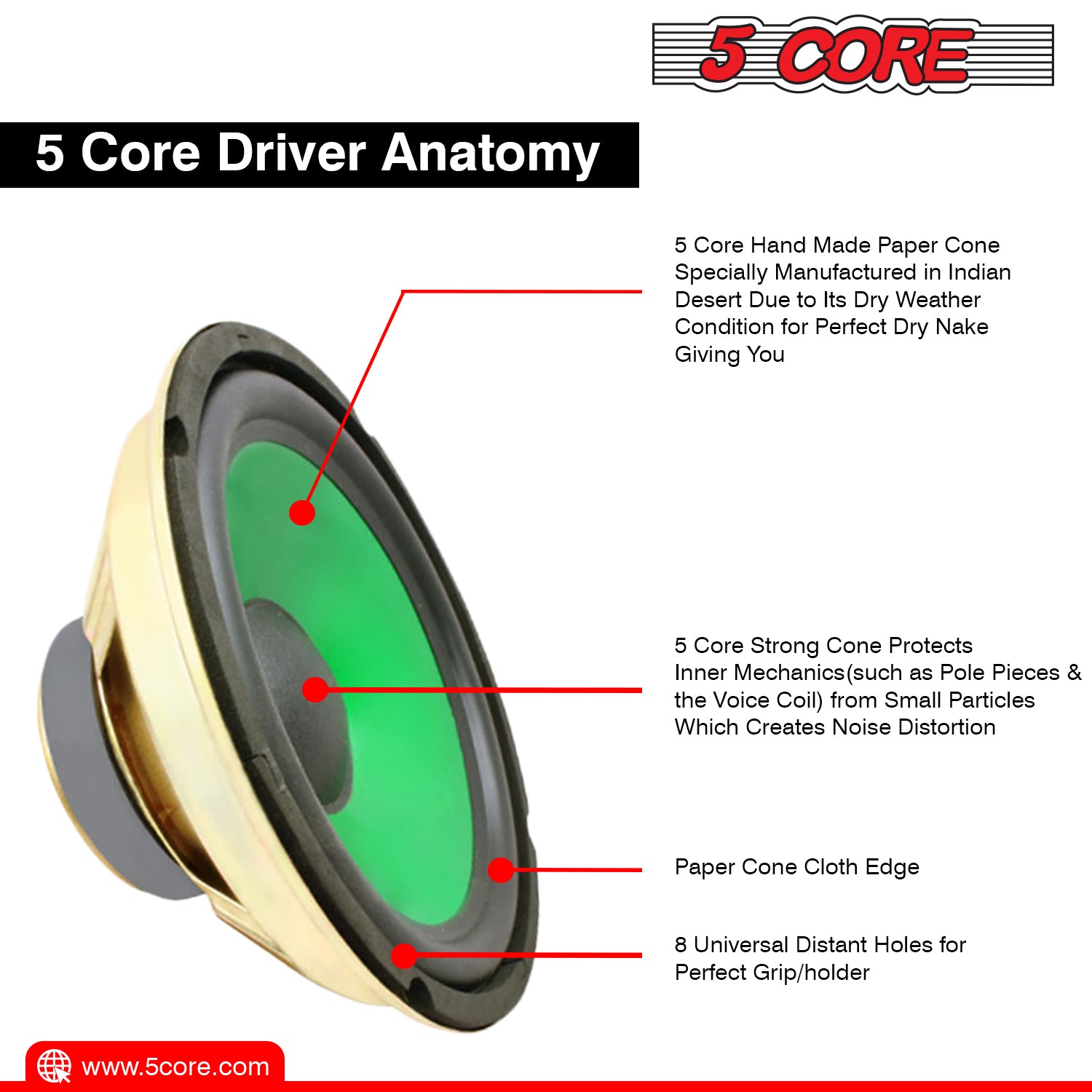 5Core 8 inch subwoofer car audio speaker with a durable paper cone and foam edge, designed for high-quality sound performance.