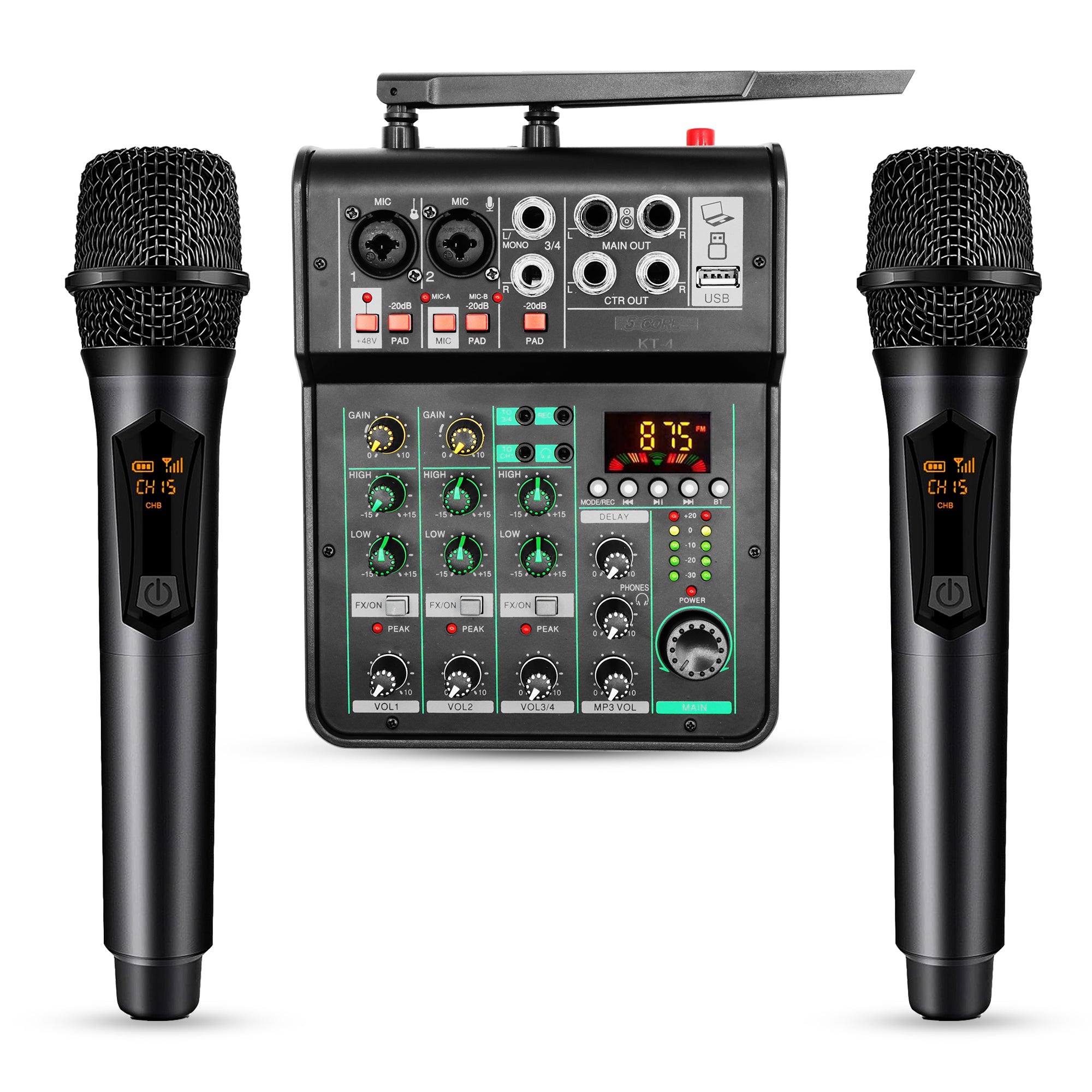 5Core Audio Mixer Sound Board with dual wireless microphones and 4 channels, ideal for DJs and home karaoke.