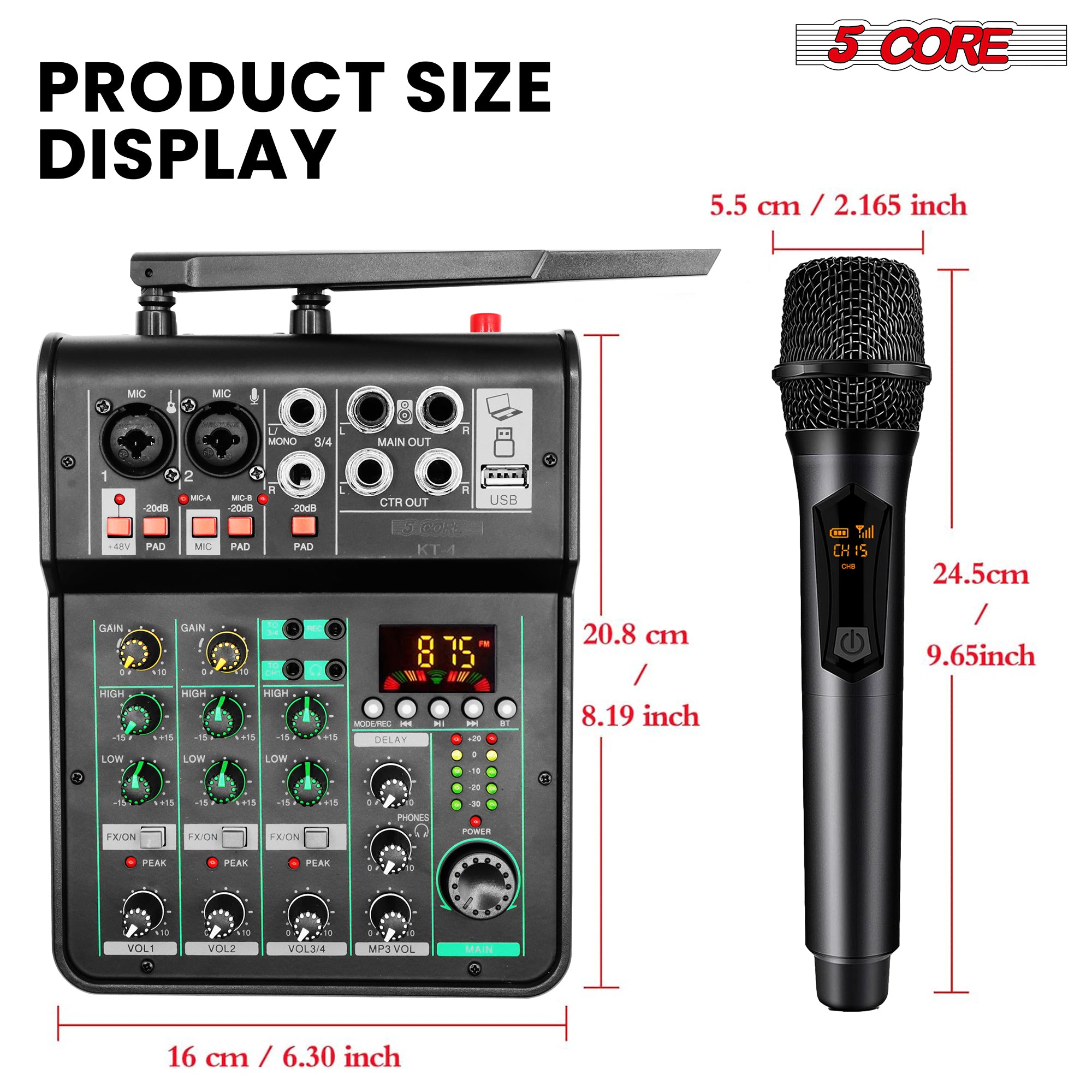 5Core Audio Mixer Sound Board with dual wireless microphones and 4 channels, ideal for DJs and home karaoke.