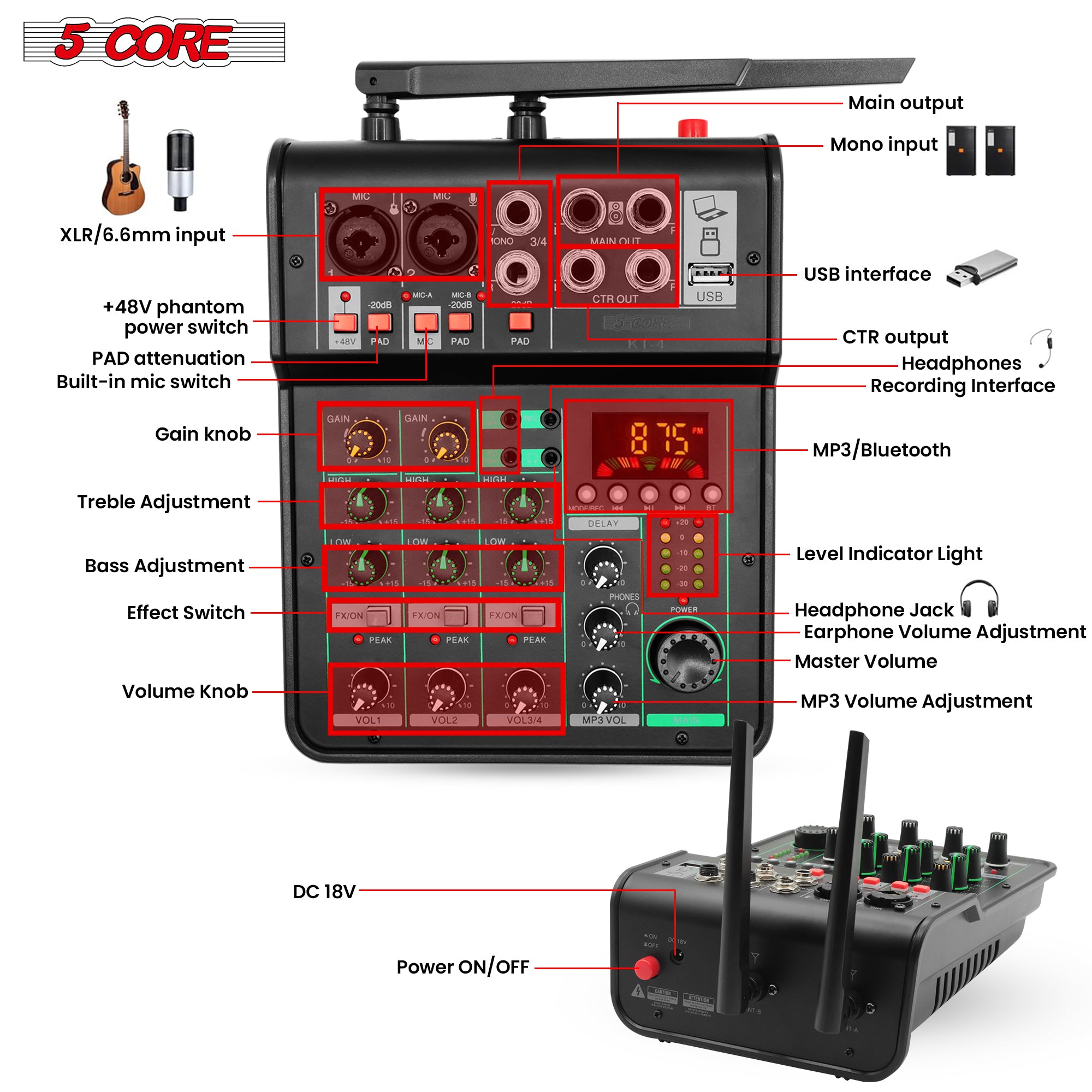 5Core Audio Mixer Sound Board with dual wireless microphones and 4 channels, ideal for DJs and home karaoke.