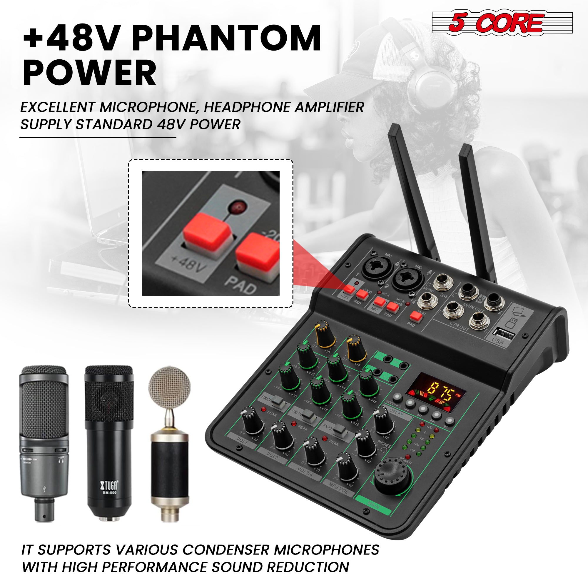 5Core Audio Mixer Sound Board with dual wireless microphones and 4 channels, ideal for DJs and home karaoke.