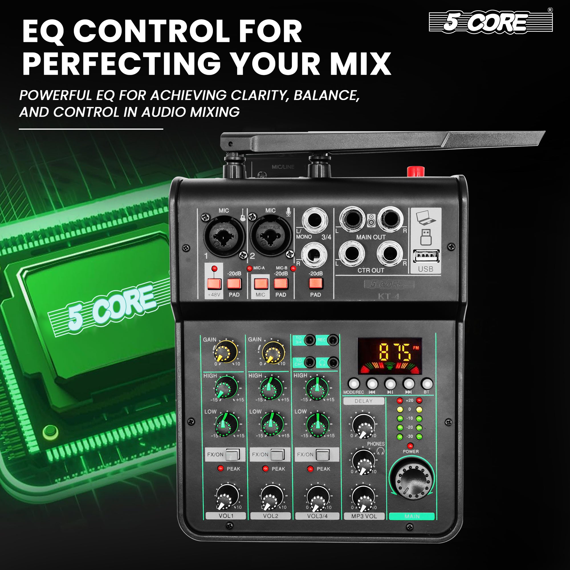 5Core Audio Mixer Sound Board with dual wireless microphones and 4 channels, ideal for DJs and home karaoke.