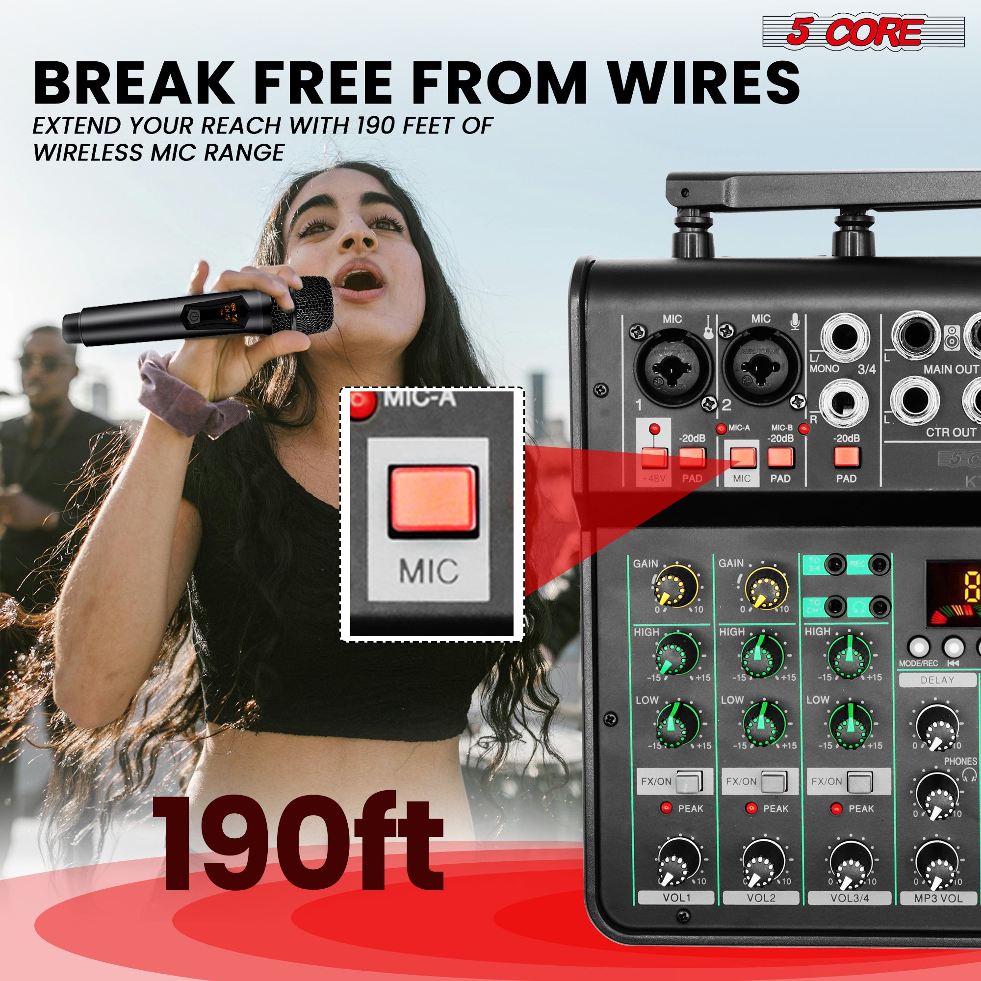 5Core Audio Mixer Sound Board with dual wireless microphones and 4 channels, ideal for DJs and home karaoke.