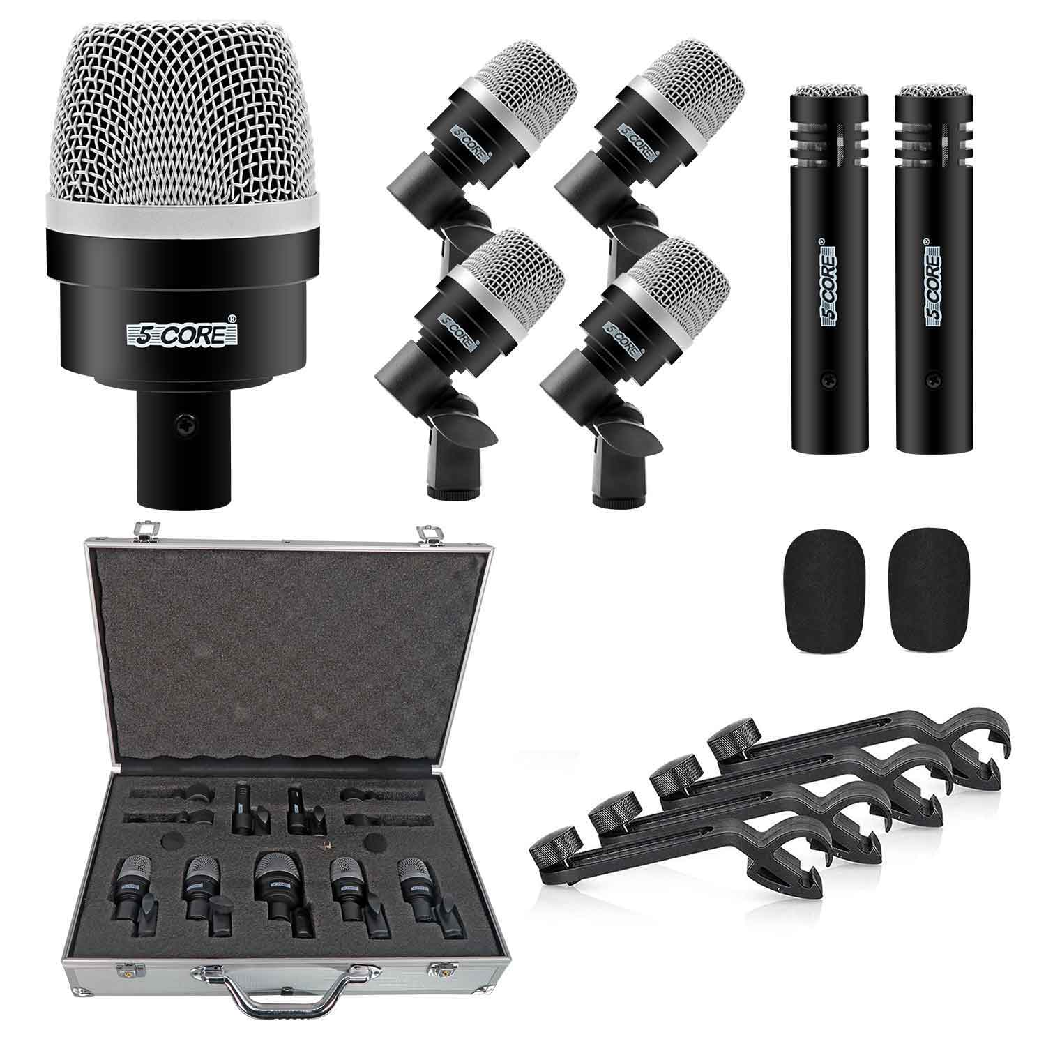 5Core Drum Mic Kit featuring 7 professional microphones for drums, including bass, snare, and overhead mics, in a protective carry case.