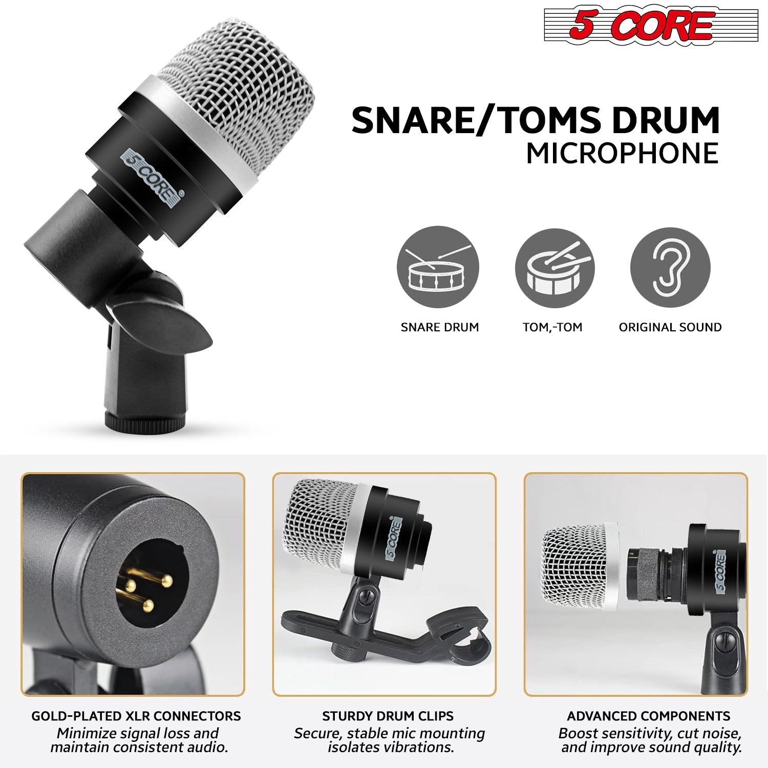 5Core Drum Mic Kit featuring 7 professional microphones for drums, including bass, snare, and overhead mics, in a protective carry case.