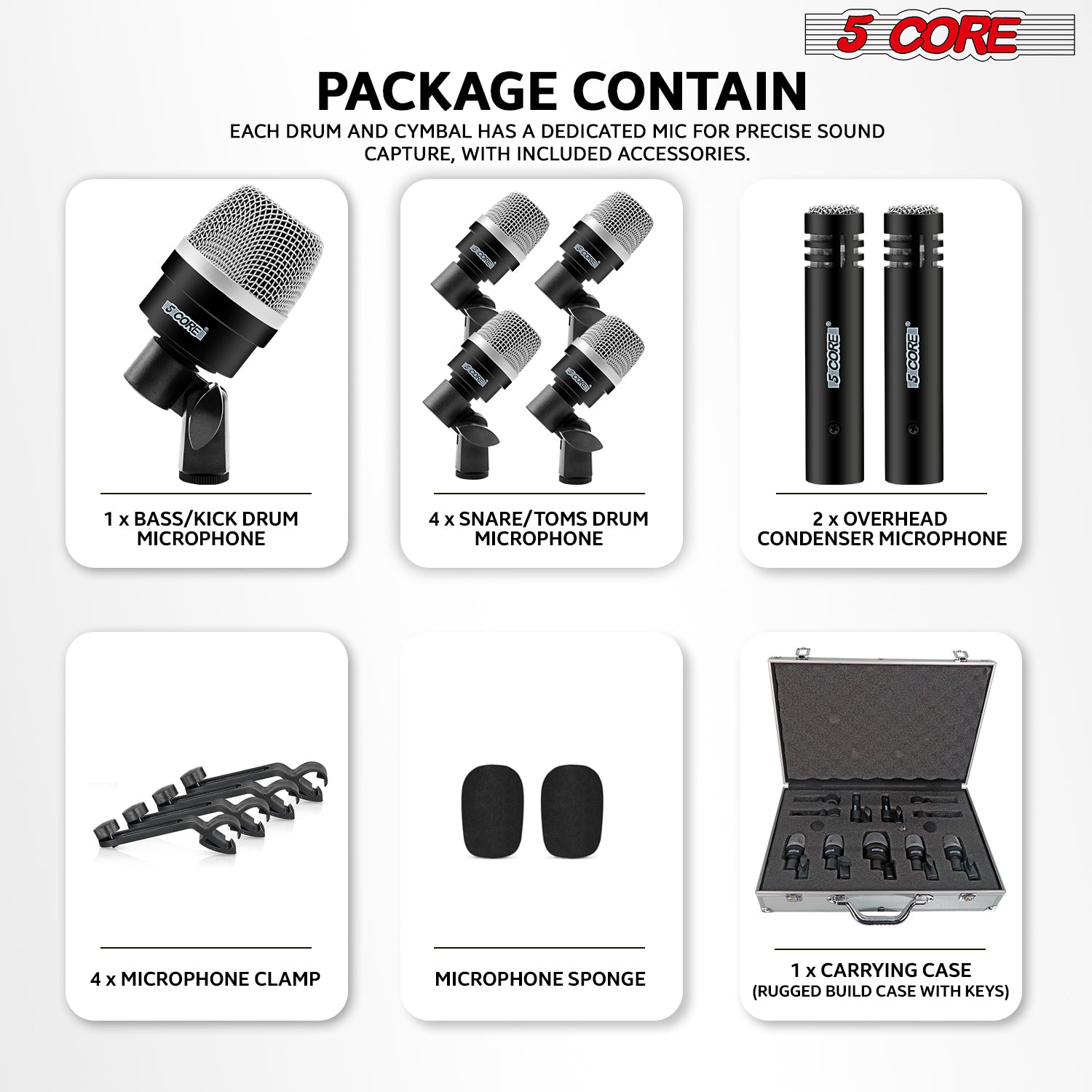 5Core Drum Mic Kit featuring 7 professional microphones for drums, including bass, snare, and overhead mics, in a protective carry case.