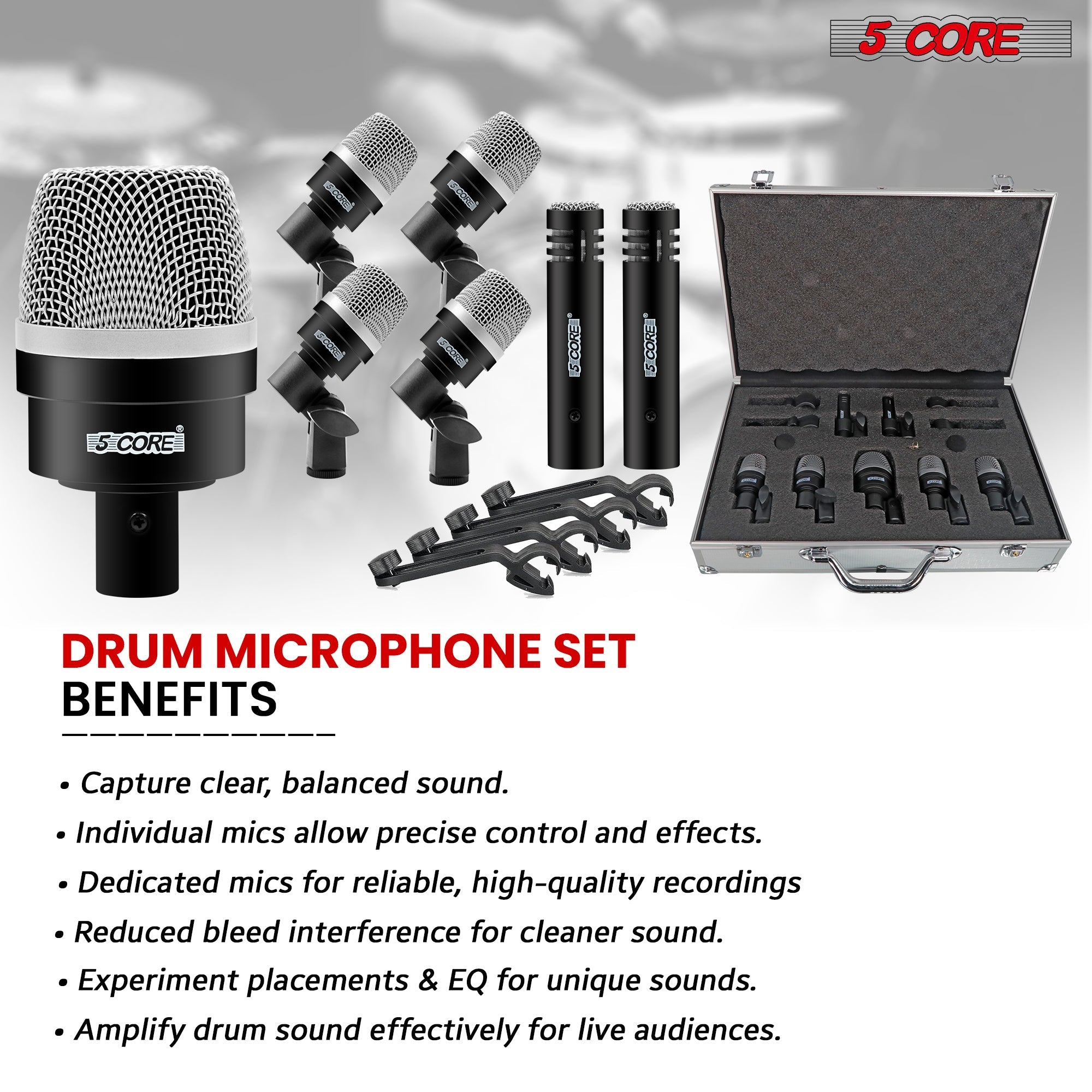 5Core Drum Mic Kit featuring 7 professional microphones for drums, including bass, snare, and overhead mics, in a protective carry case.