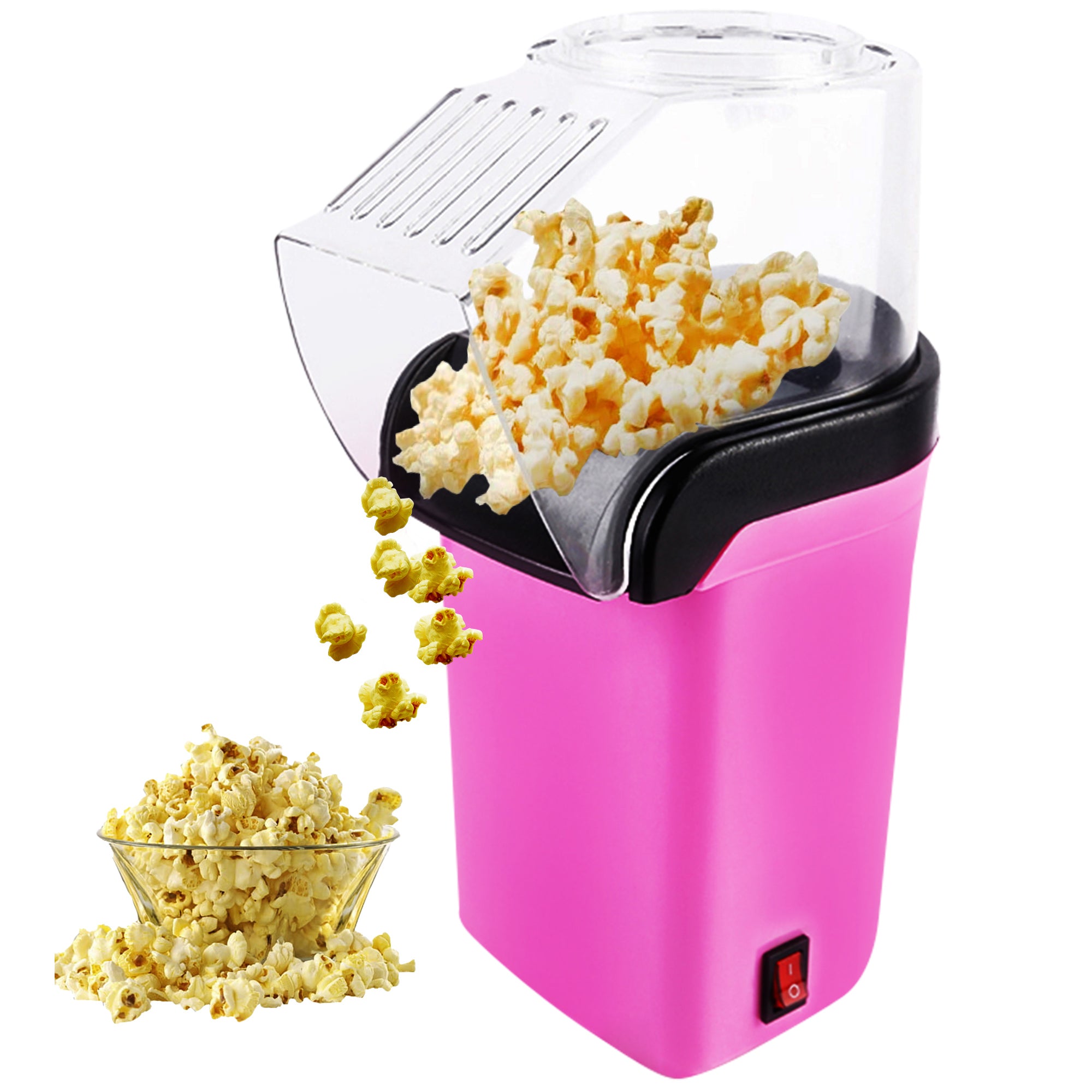 5Core Hot Air Popcorn Machine in pink color, showcasing its sleek design and high-capacity heating chamber for making oil-free popcorn.