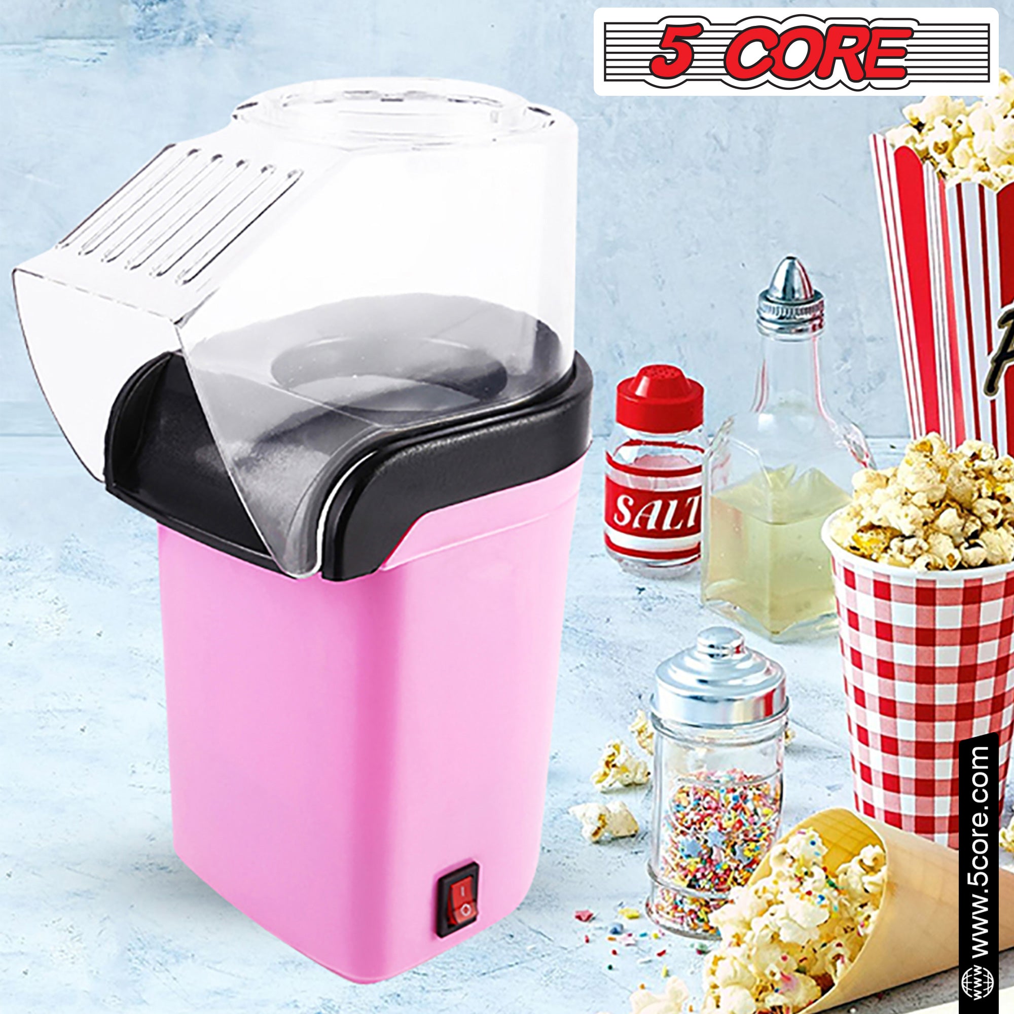 5Core Hot Air Popcorn Machine in pink color, showcasing its sleek design and high-capacity heating chamber for making oil-free popcorn.