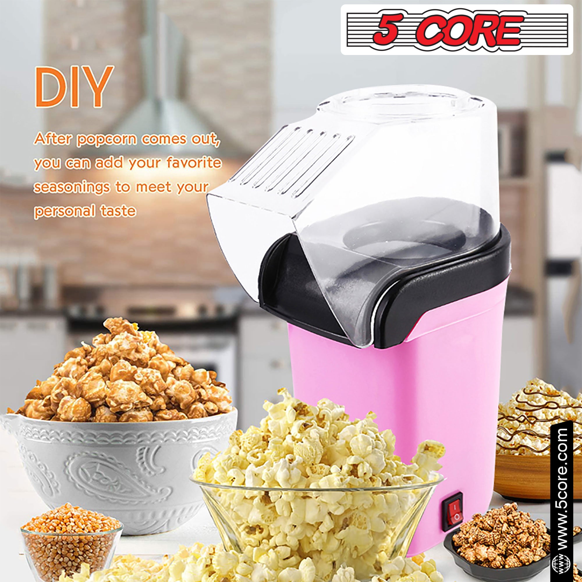 5Core Hot Air Popcorn Machine in pink color, showcasing its sleek design and high-capacity heating chamber for making oil-free popcorn.