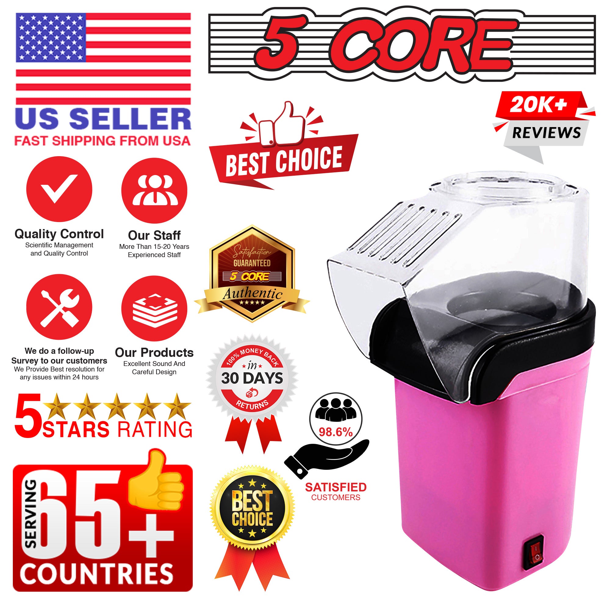 5Core Hot Air Popcorn Machine in pink color, showcasing its sleek design and high-capacity heating chamber for making oil-free popcorn.