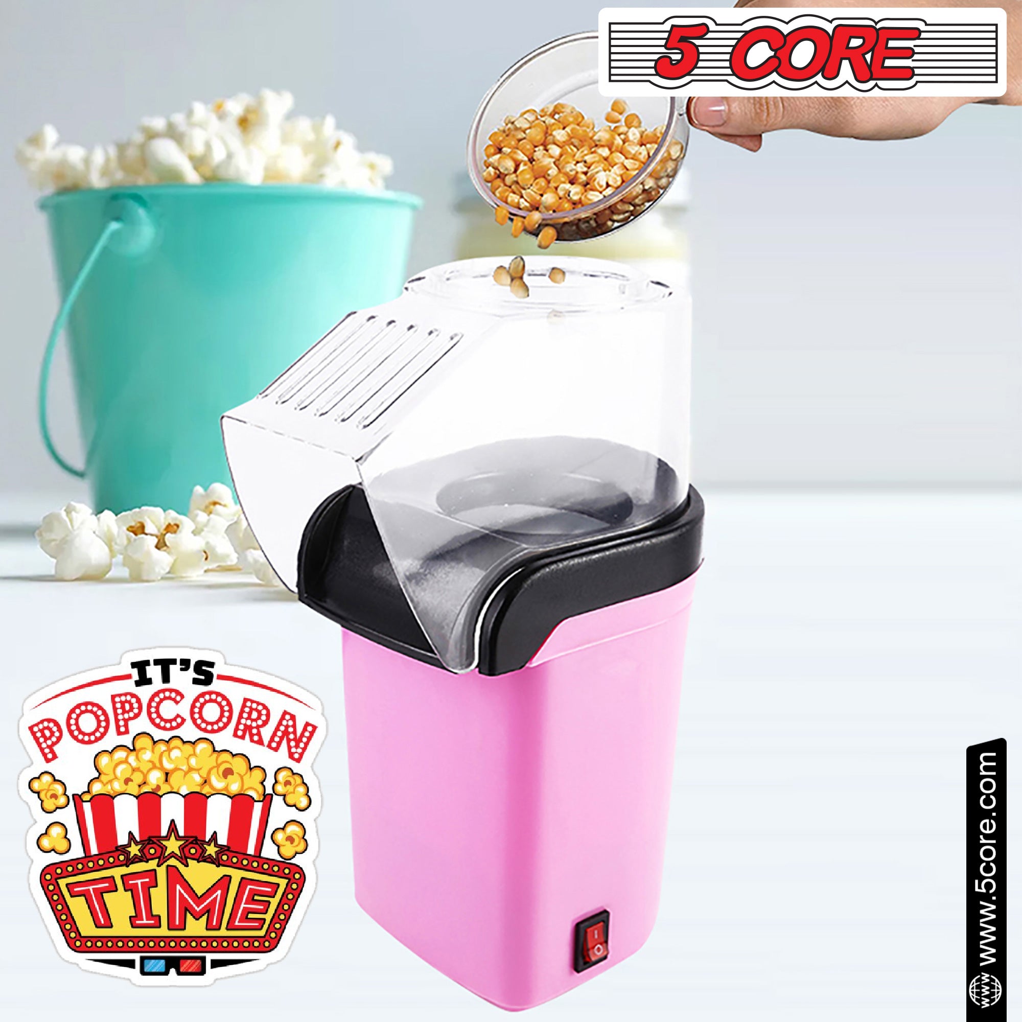 5Core Hot Air Popcorn Machine in pink color, showcasing its sleek design and high-capacity heating chamber for making oil-free popcorn.