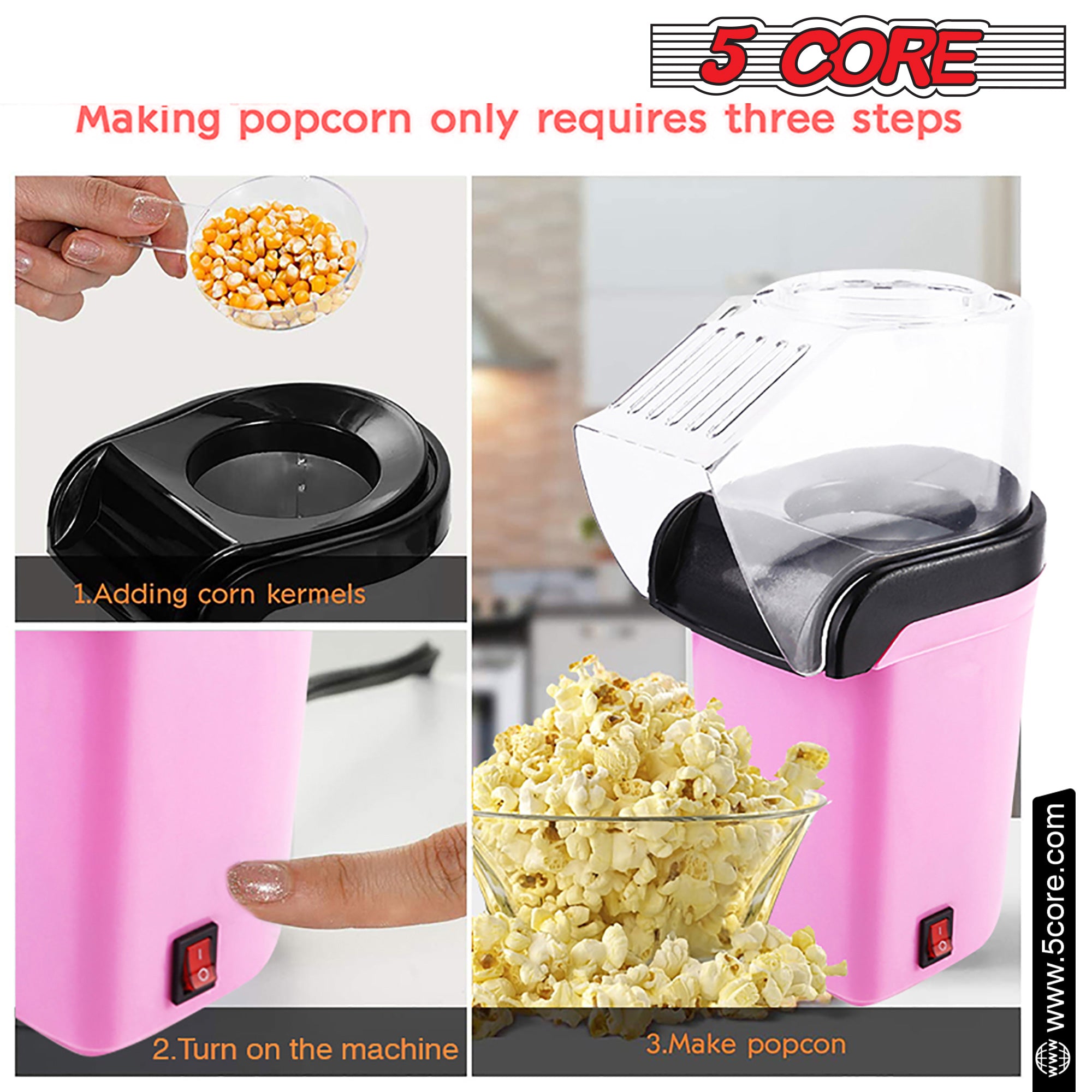 5Core Hot Air Popcorn Machine in pink color, showcasing its sleek design and high-capacity heating chamber for making oil-free popcorn.