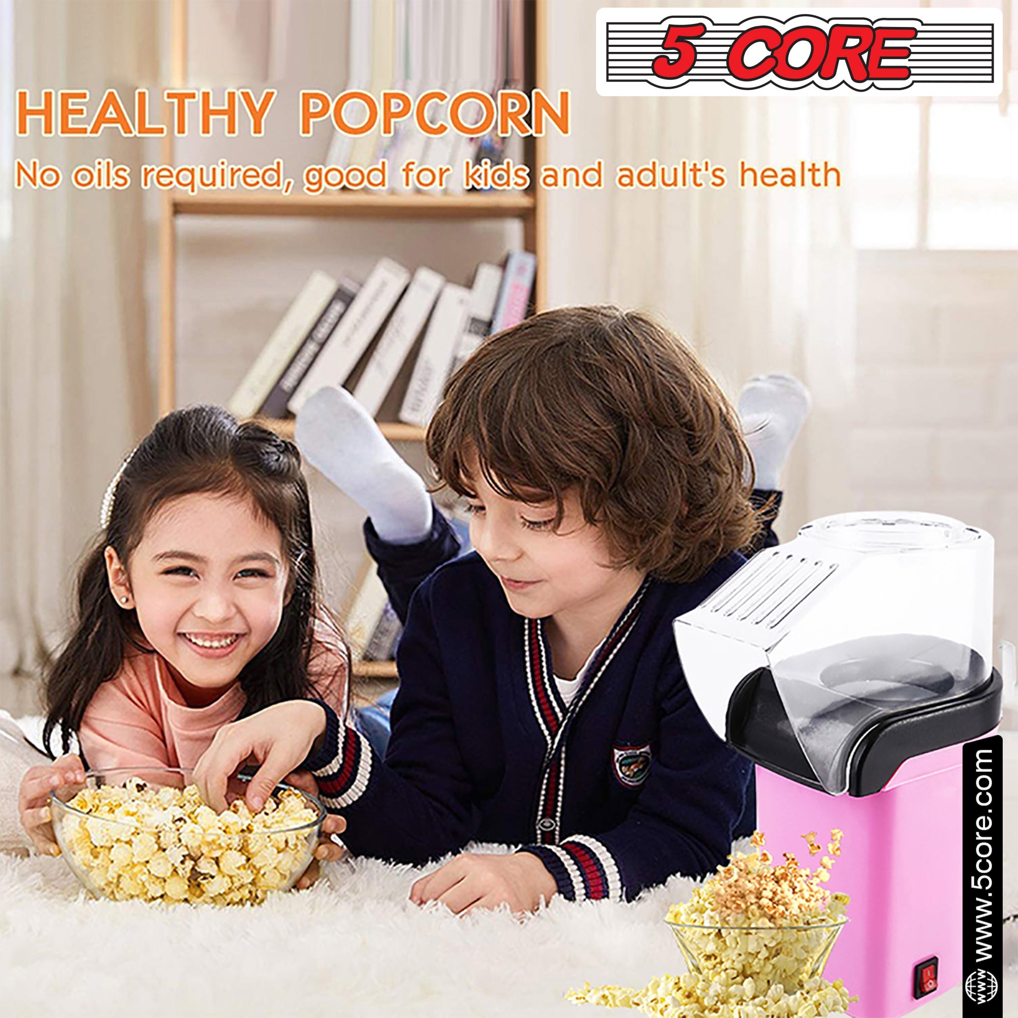 5Core Hot Air Popcorn Machine in pink color, showcasing its sleek design and high-capacity heating chamber for making oil-free popcorn.