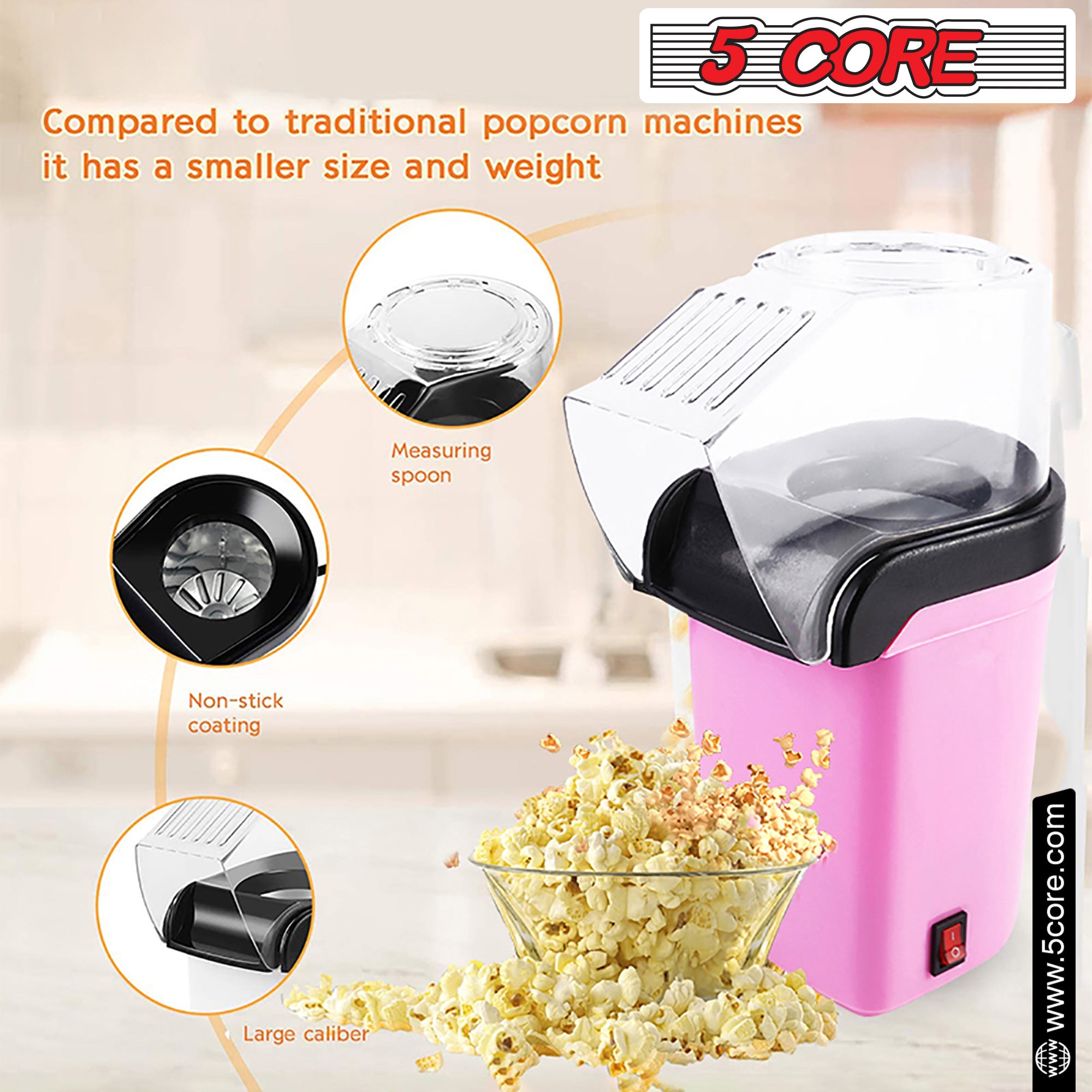 5Core Hot Air Popcorn Machine in pink color, showcasing its sleek design and high-capacity heating chamber for making oil-free popcorn.