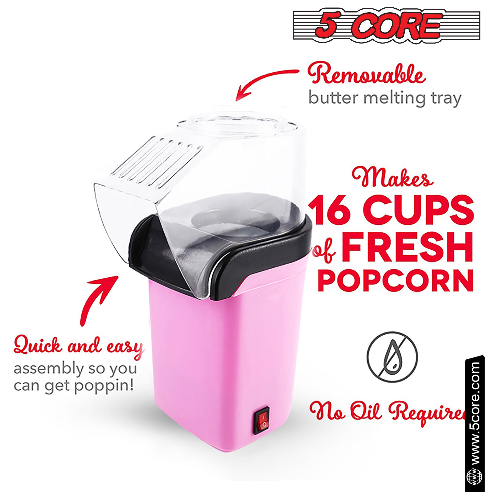 5Core Hot Air Popcorn Machine in pink color, showcasing its sleek design and high-capacity heating chamber for making oil-free popcorn.