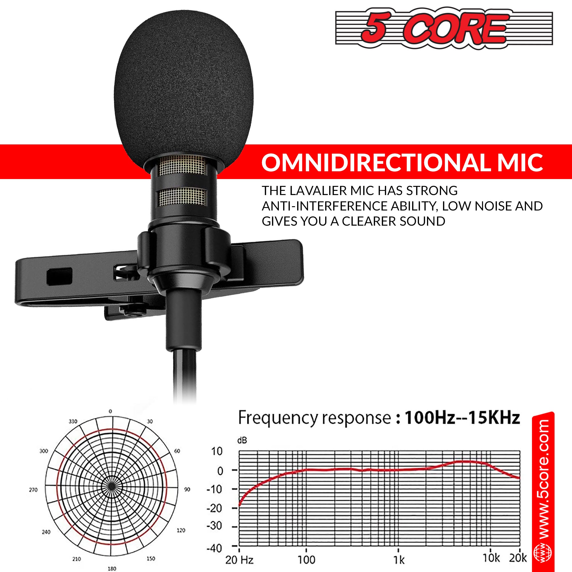 5Core Lavalier Microphone Clip On, featuring a compact design and 3.5mm connector for professional audio recording.