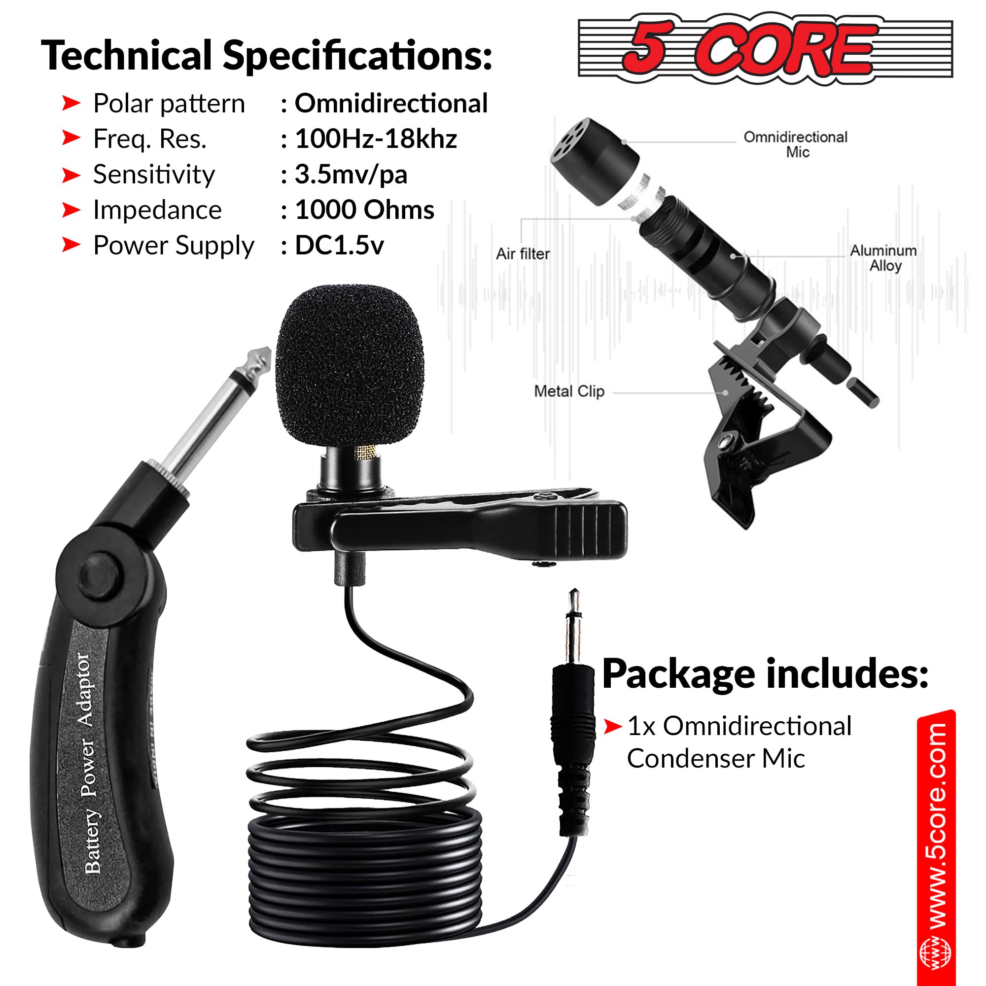 5Core Lavalier Microphone Clip On, featuring a compact design and 3.5mm connector for professional audio recording.