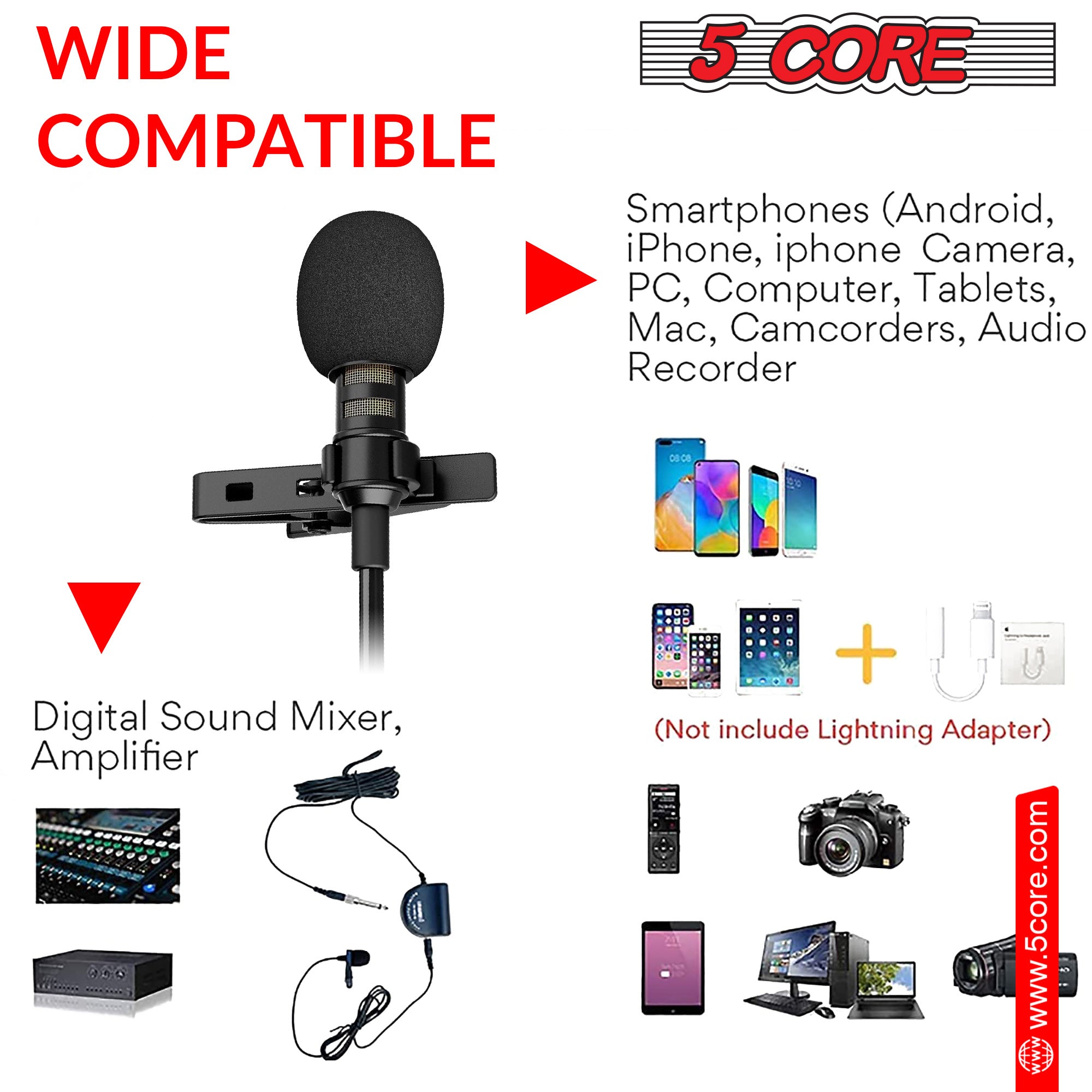 5Core Lavalier Microphone Clip On, featuring a compact design and 3.5mm connector for professional audio recording.