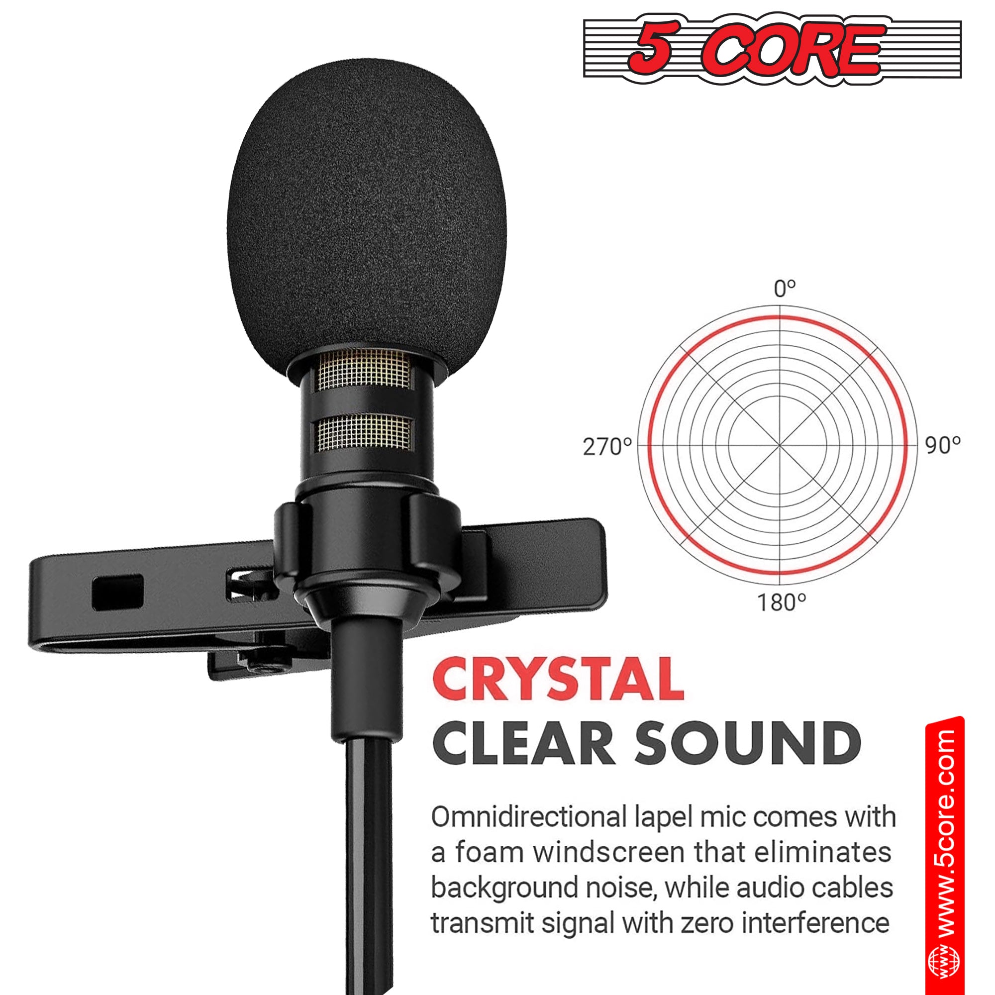 5Core Lavalier Microphone Clip On, featuring a compact design and 3.5mm connector for professional audio recording.