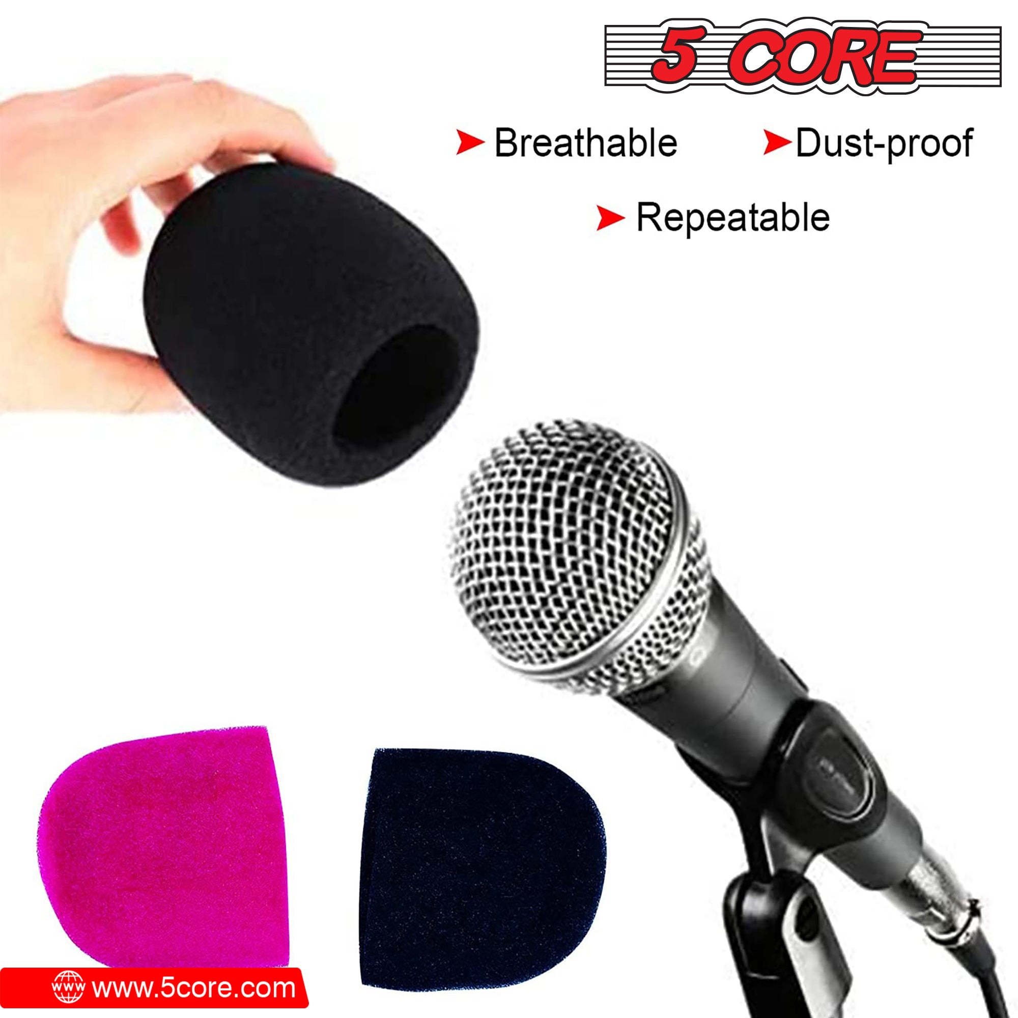 5Core Microphone Cover set featuring two soft foam windscreens in black and pink, designed for handheld microphones to reduce noise.