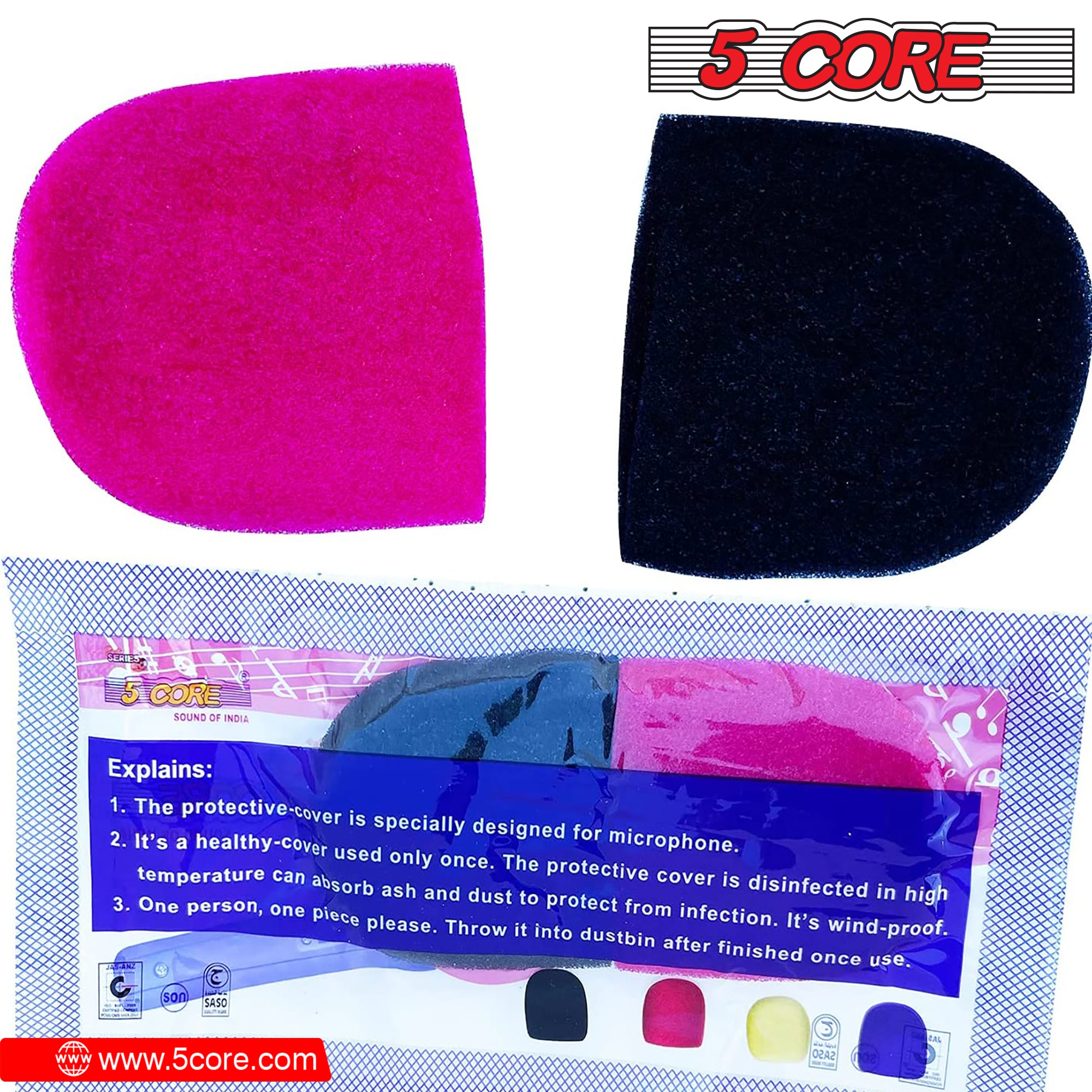 5Core Microphone Cover set featuring two soft foam windscreens in black and pink, designed for handheld microphones to reduce noise.