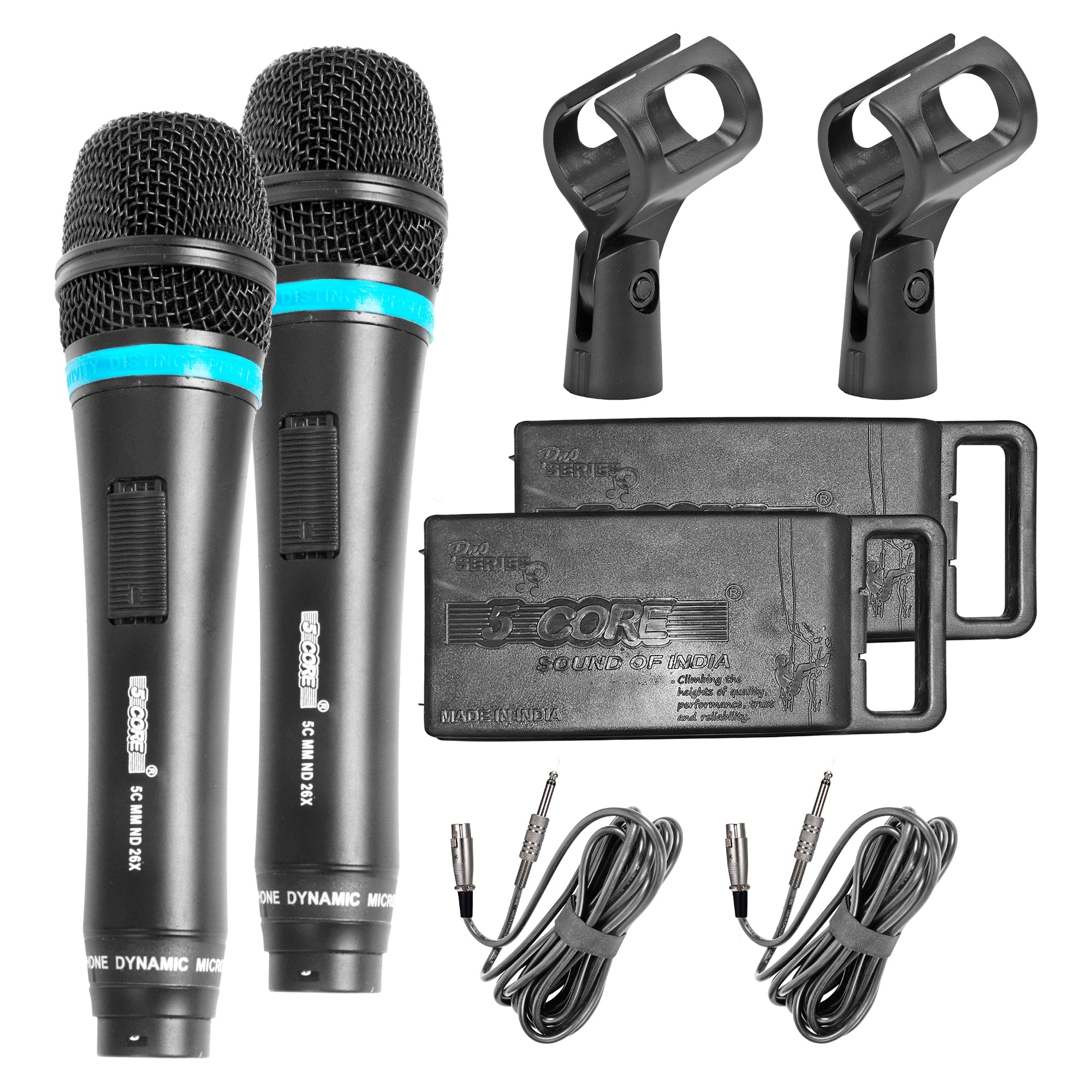 5Core dynamic karaoke microphone with XLR connection, designed for singing and live performances, featuring a rugged construction and cardioid pickup pattern.