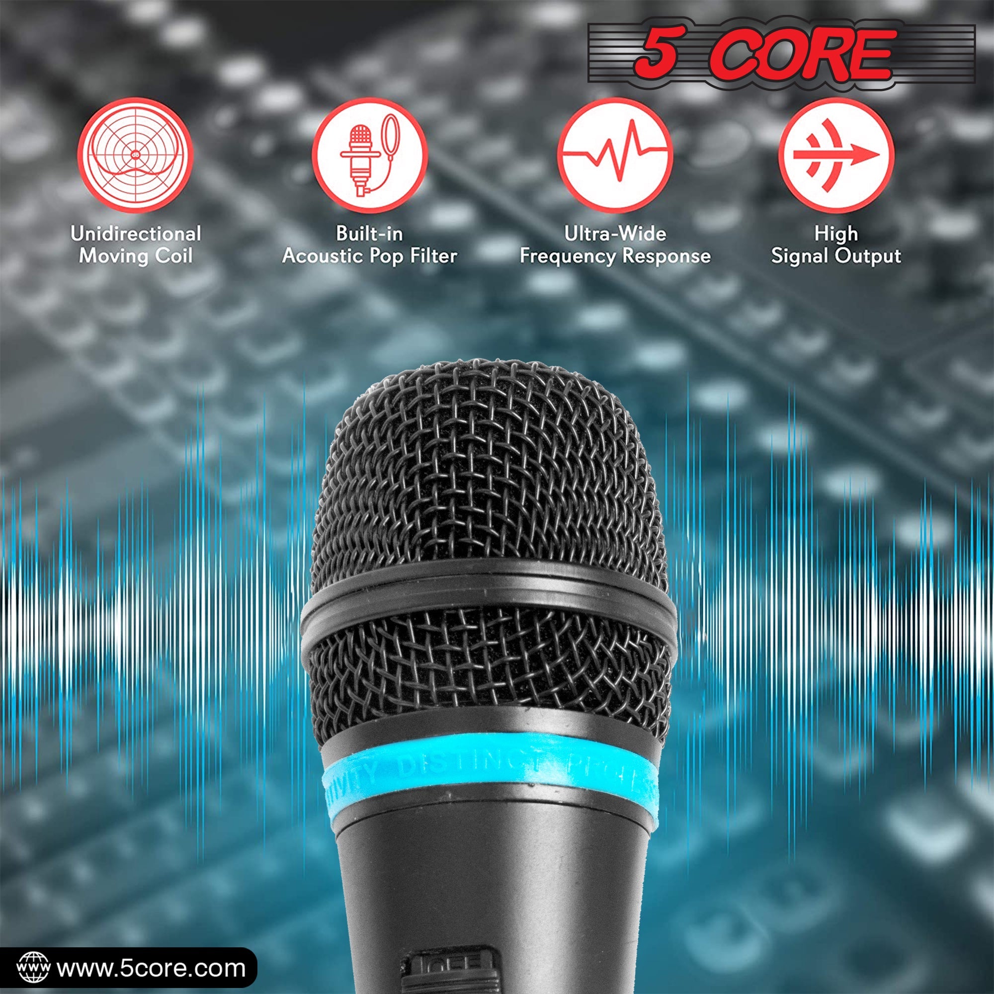 5Core dynamic karaoke microphone with XLR connection, designed for singing and live performances, featuring a rugged construction and cardioid pickup pattern.