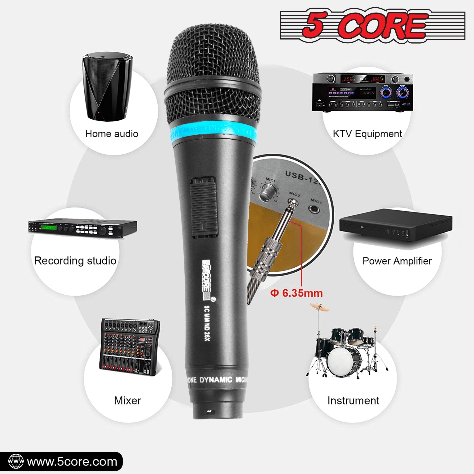 5Core dynamic karaoke microphone with XLR connection, designed for singing and live performances, featuring a rugged construction and cardioid pickup pattern.