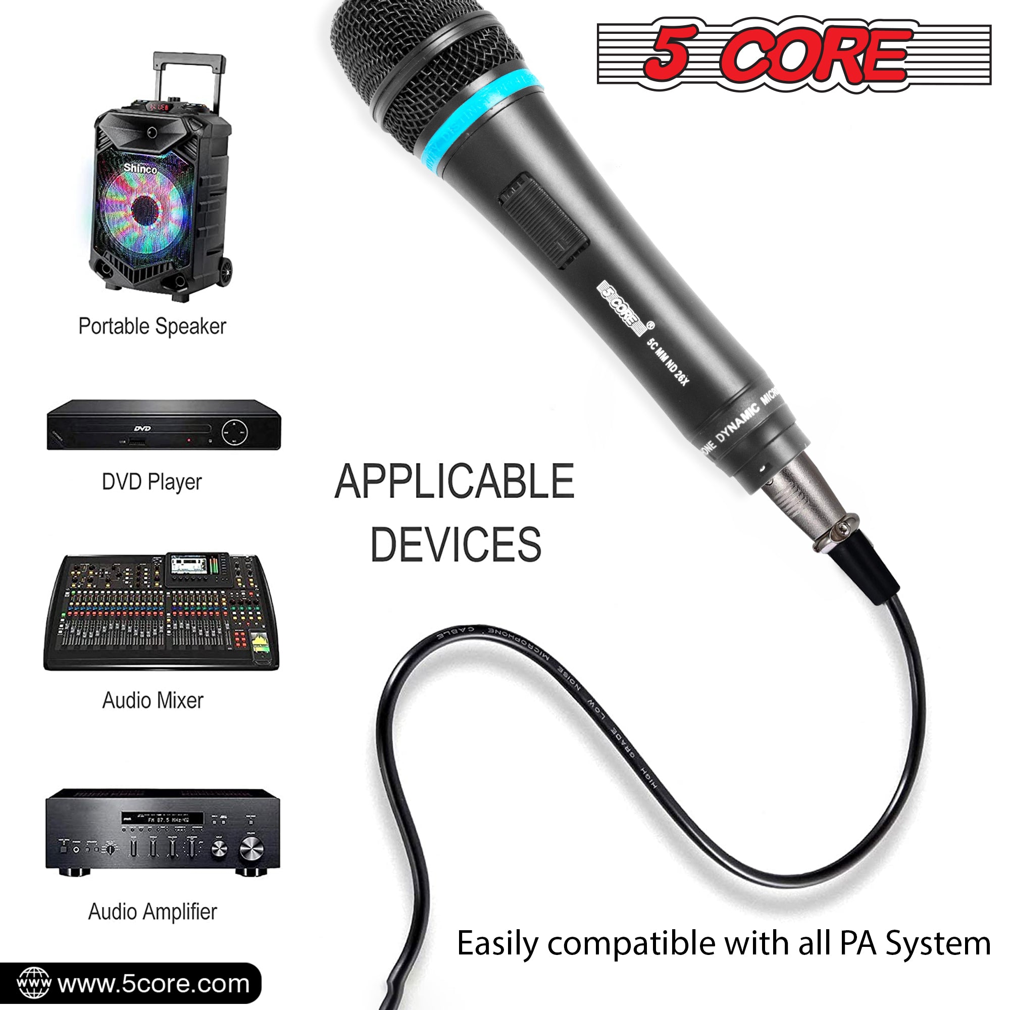 5Core dynamic karaoke microphone with XLR connection, designed for singing and live performances, featuring a rugged construction and cardioid pickup pattern.