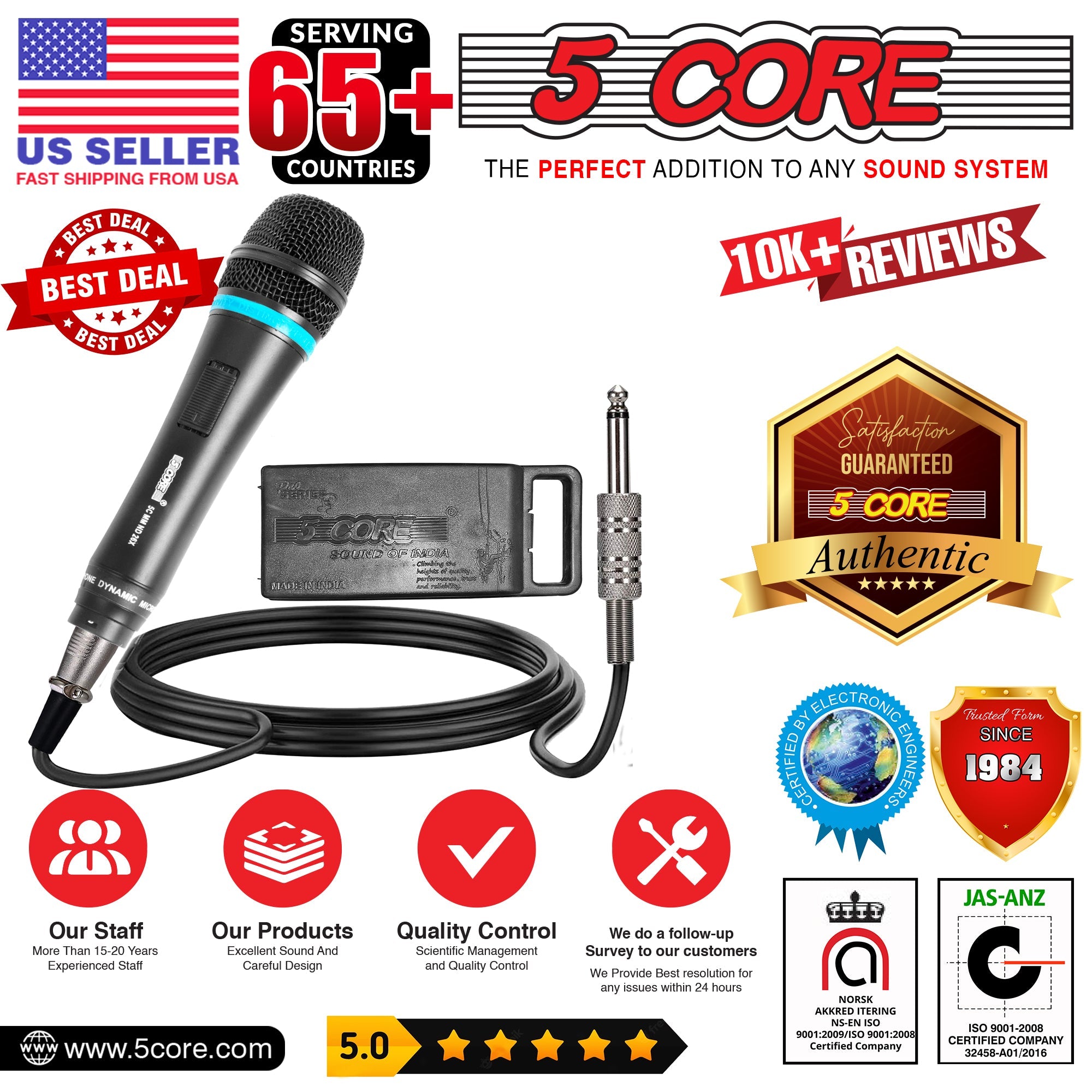 5Core dynamic karaoke microphone with XLR connection, designed for singing and live performances, featuring a rugged construction and cardioid pickup pattern.