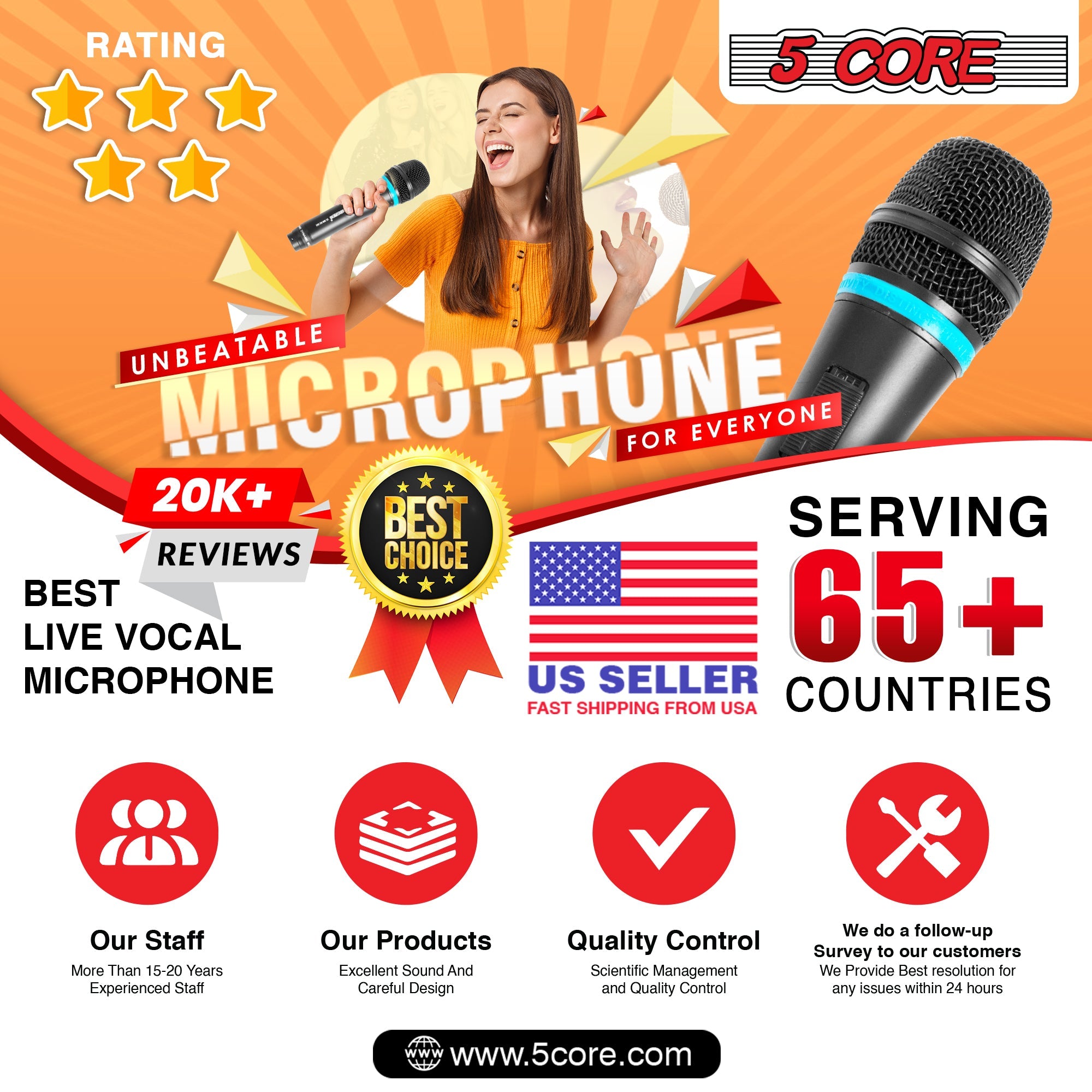 5Core dynamic karaoke microphone with XLR connection, designed for singing and live performances, featuring a rugged construction and cardioid pickup pattern.