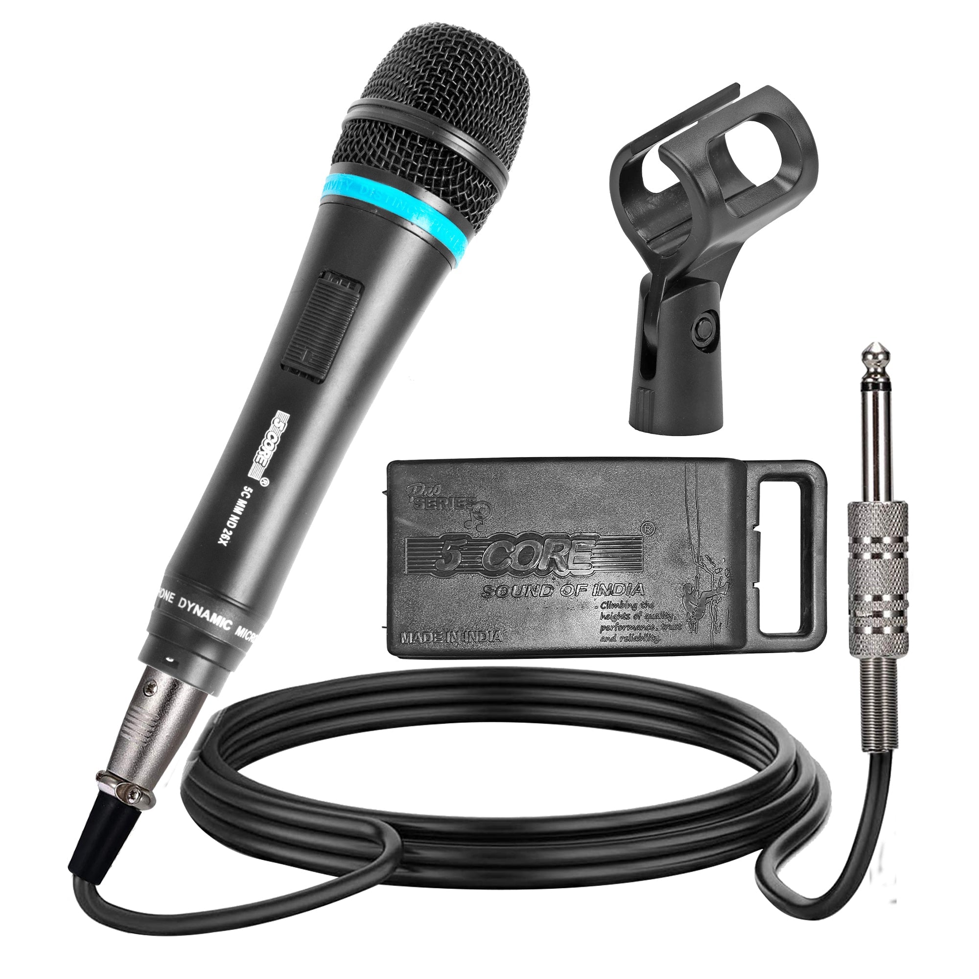 5Core dynamic karaoke microphone with XLR connection, designed for singing and live performances, featuring a rugged construction and cardioid pickup pattern.